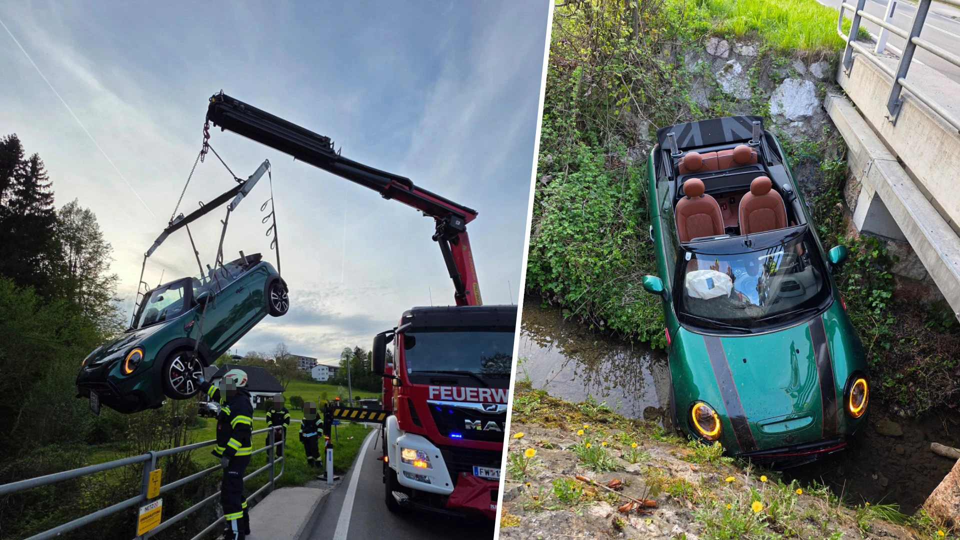 Die 56-jährige Lenkerin stürzte mit dem fetzigen Cabrio in den Bach.