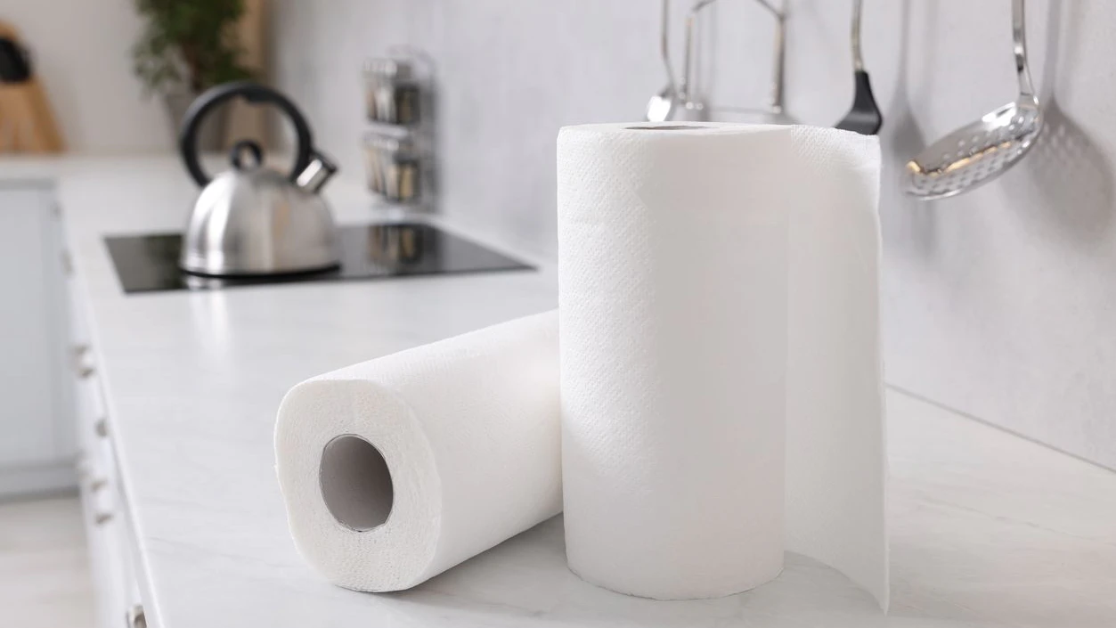 Rolls of paper towels on white countertop in kitchen