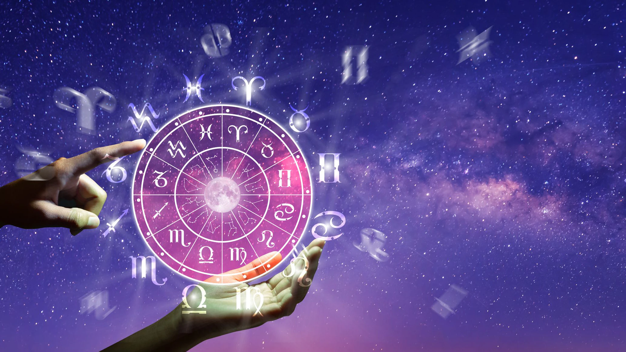 Astrological zodiac signs inside of horoscope circle. Astrology, knowledge of stars in the sky over the milky way and moon. The power of the universe concept.