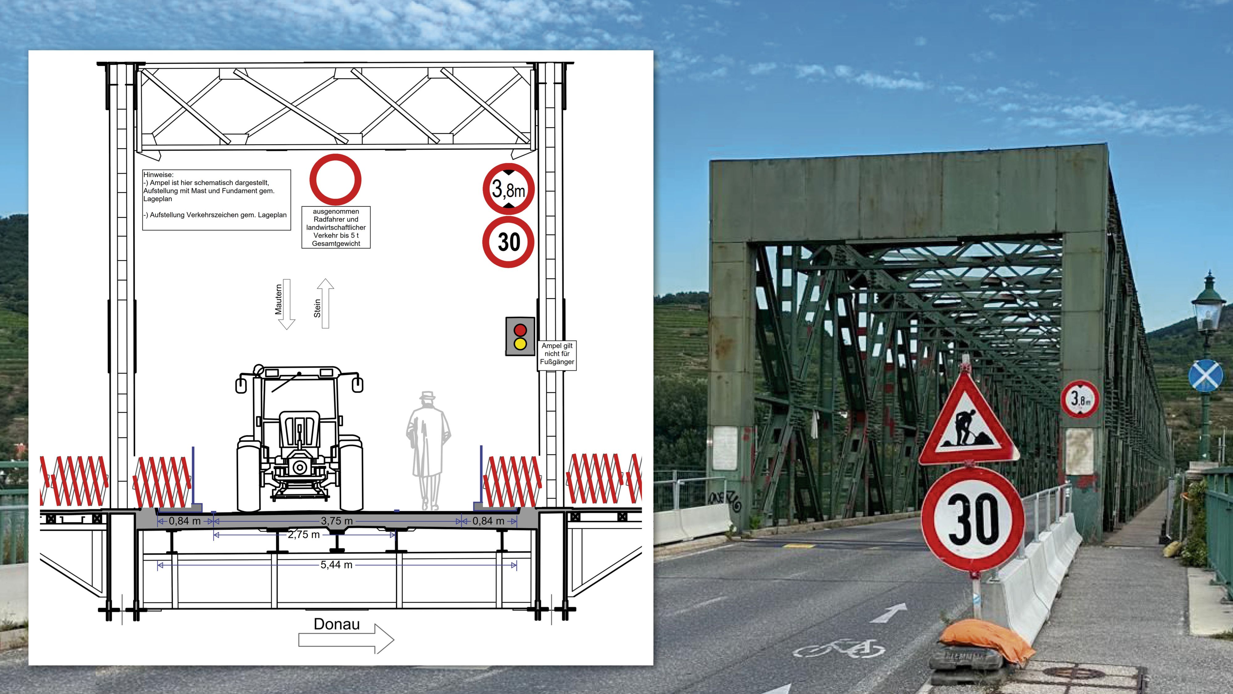 Donaubrücke Stein-Mautern: So lautet der Plan für die nächsten Monate – Traktoren, Radfahrer, Fußgänger dürfen Brücke nutzen, Pkw nicht.