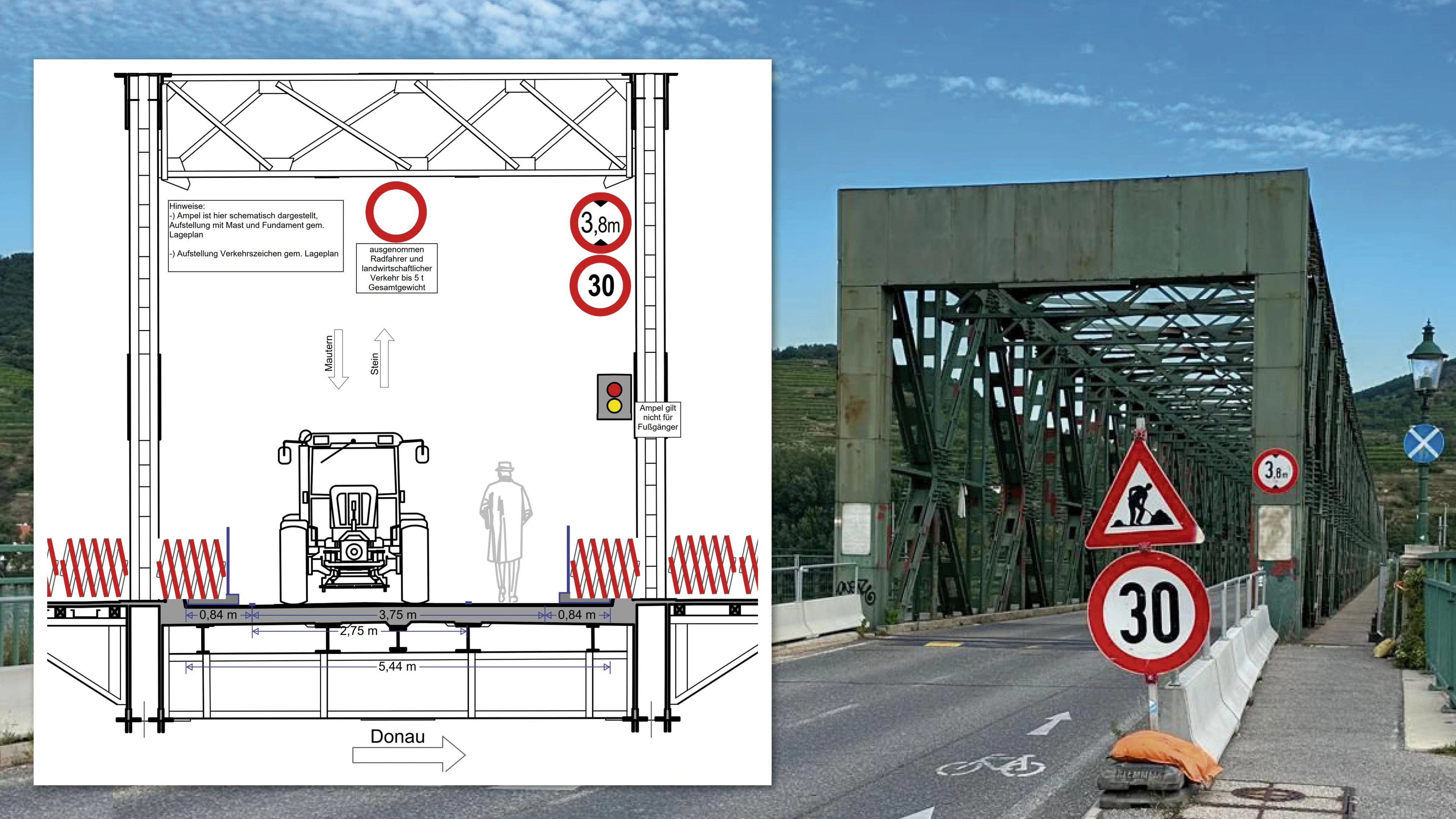 Donaubrücke Stein-Mautern: So lautet der Plan für die nächsten Monate – Traktoren, Radfahrer, Fußgänger dürfen Brücke nutzen, Pkw nicht.