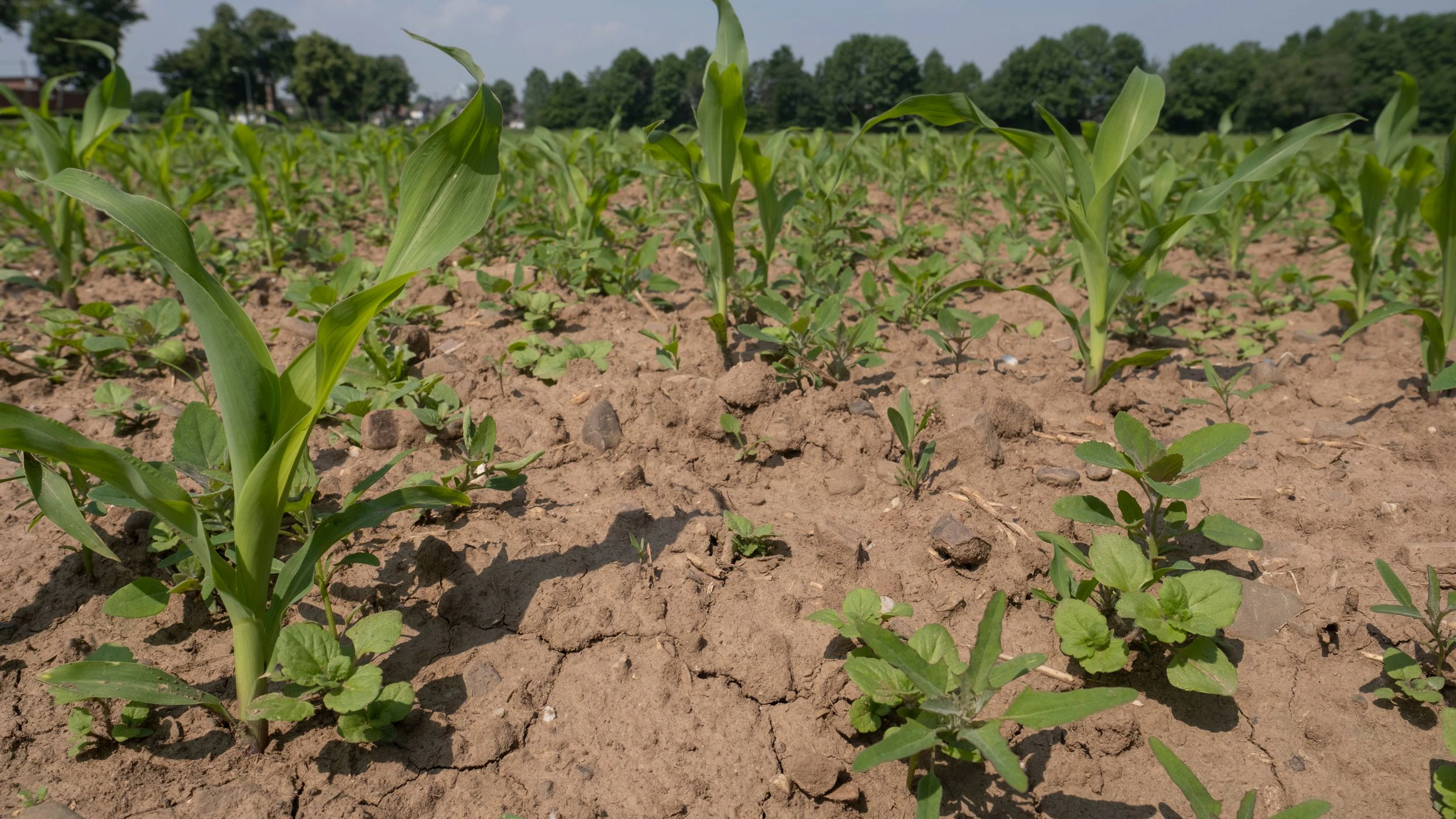 Drought in a field with maize near Lommersum, North Rhine-Westphalia. Due to little rain, the soil under the young plants is dry and shows cracks. Dürre auf dem Feld. Aufgrund wenig Regens ist der Boden unter den jungen Pflanzen trocken und zeigt Risse. Zuckerrübenpflanzen und Mais auf dem Acker.