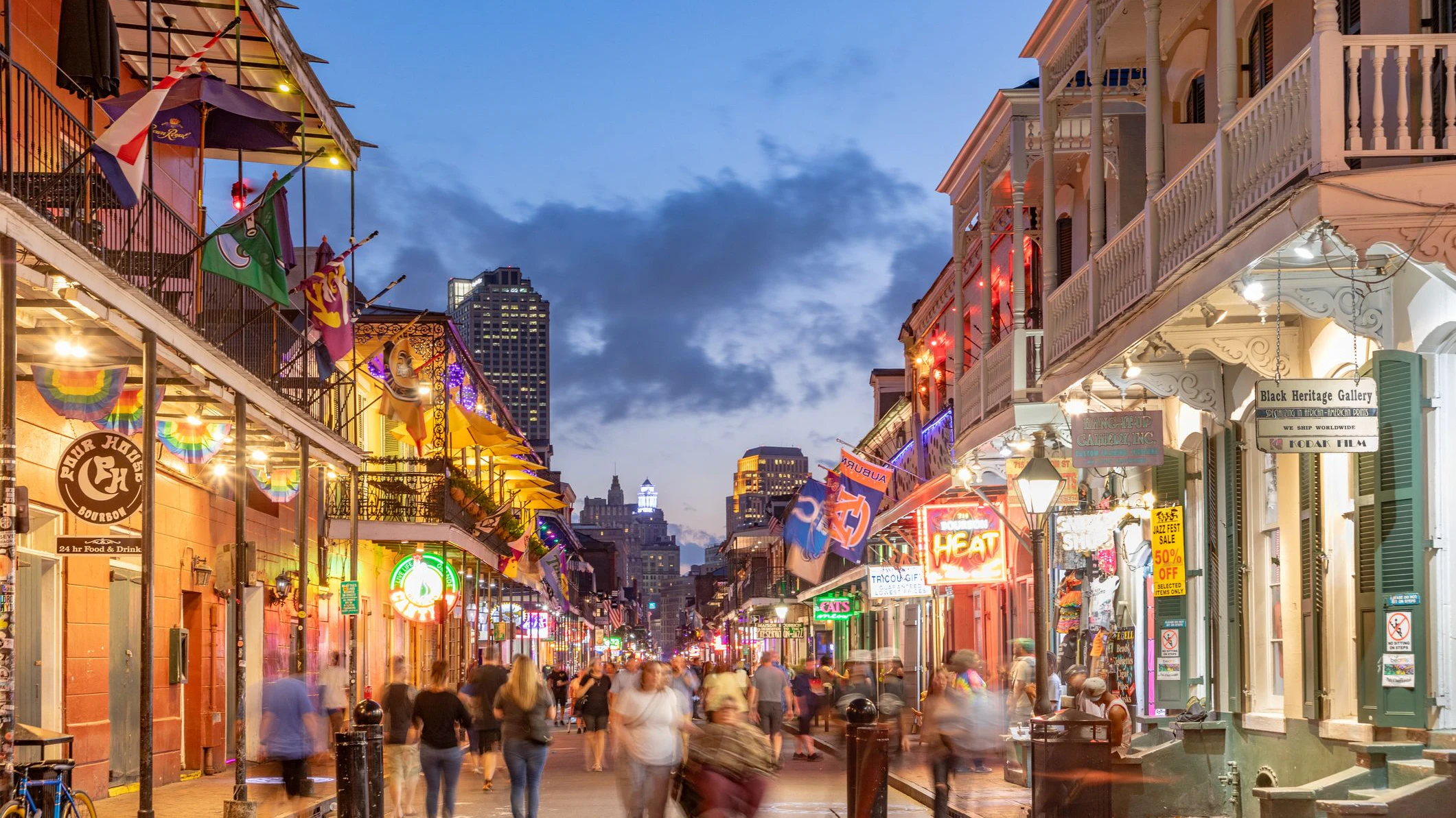 New Orleans; USA - October 24, 2023: Pubs and bars with neon lights in the French Quarter, downtown New Orleansc.