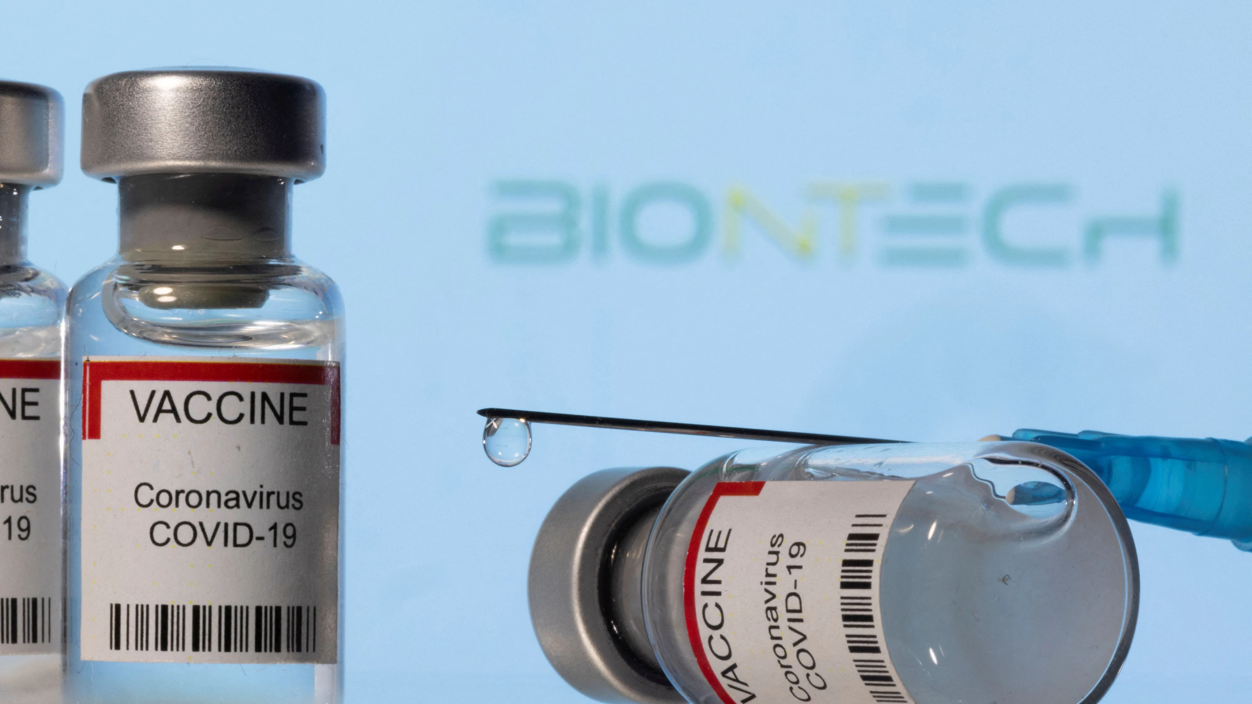 Vials labelled "VACCINE Coronavirus COVID-19" and a syringe are seen in front of a displayed Biontech logo in this illustration taken December 11, 2021. REUTERS/Dado Ruvic/Illustration