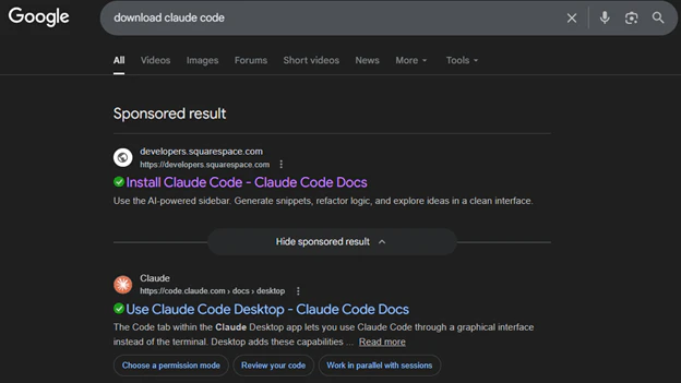 Prominent, Google-gesponsert und vertrauenswürdig: Claude Code im täuschenden Äußeren.