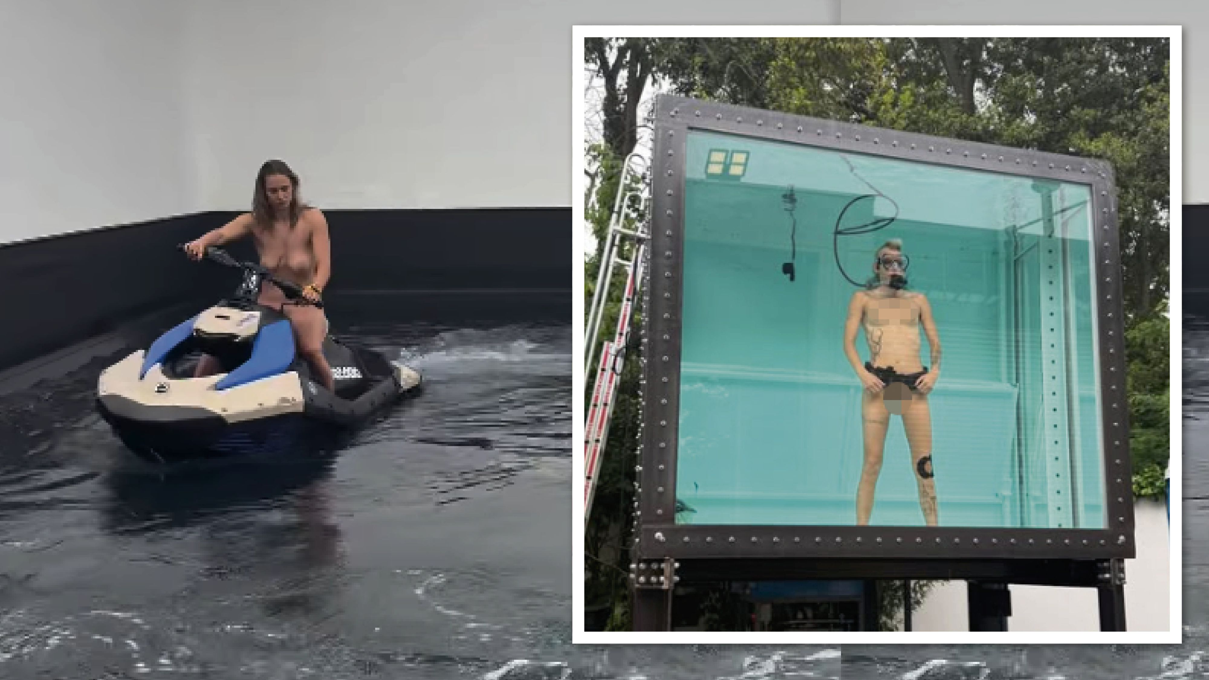 Künstlerin Florentina Holzinger verzichtet bei ihrer Performance auf der Biennale in Venedig auf Kleidung, während sie Jetski fährt und in einem Tank taucht, der vermeintlich auch Urin von Besuchern beinhaltet.