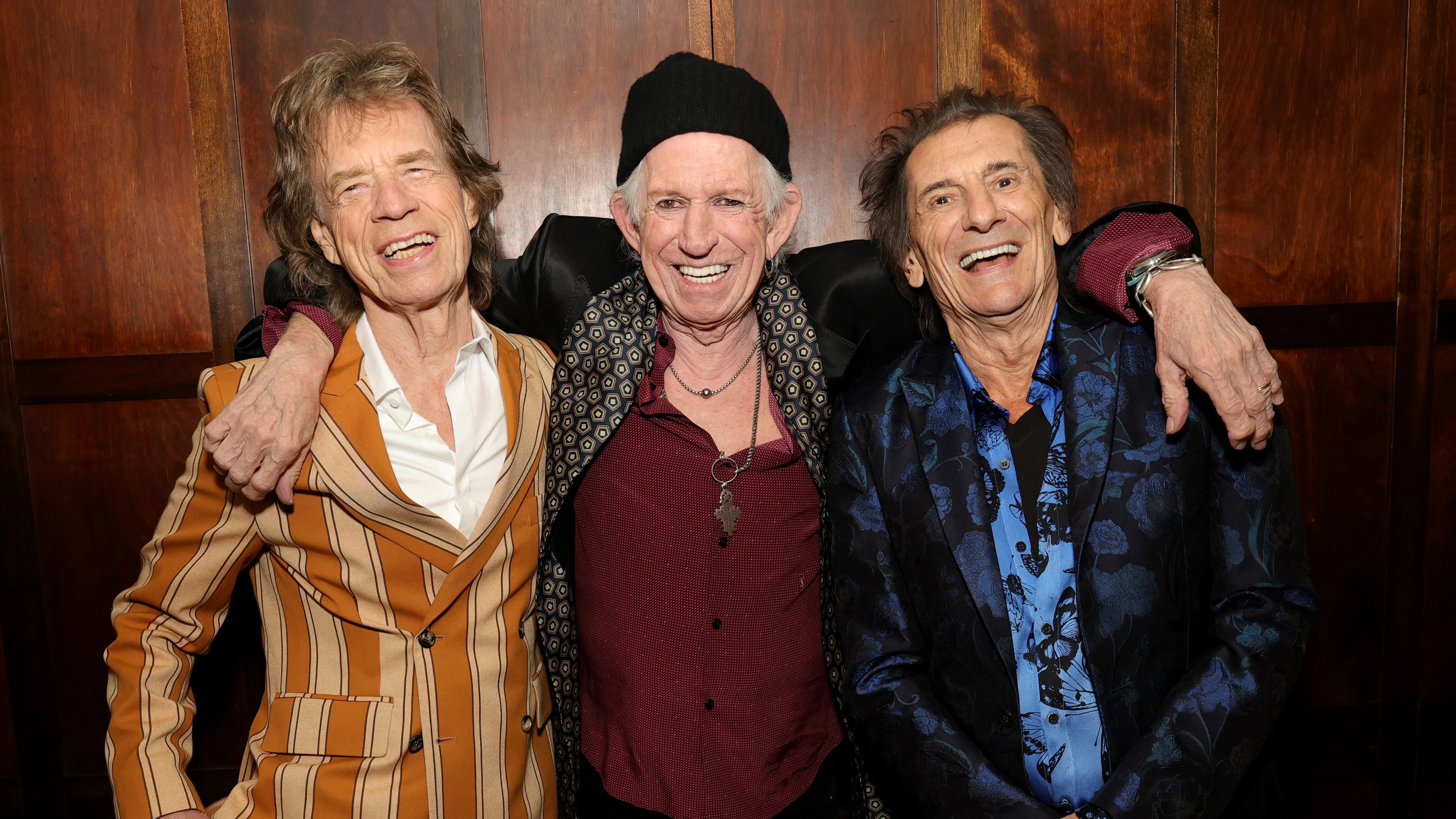 BROOKLYN, NEW YORK - MAY 05:  Mick Jagger, Keith Richards and Ronnie Wood pose backstage during the exclusive launch event of The Rolling Stones new album “Foreign Tongues” at Weylin on May 5, 2026 in Brooklyn, NY. (Photo by Kevin Mazur/Getty Images for UMG)