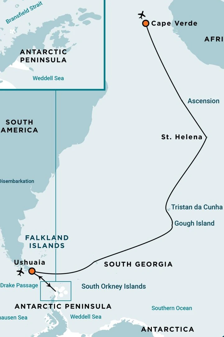 Die gesamte Reiseroute der "Hondius" von Argentinien über die Antarktis bis nach Kap Verde