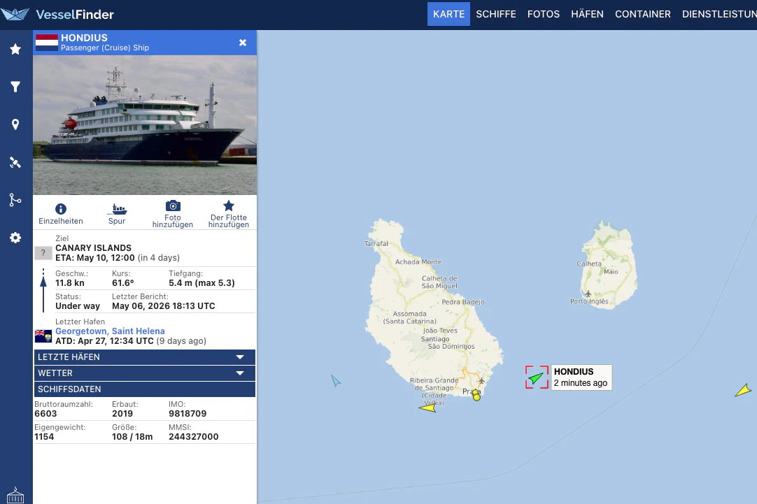 Ein Screenshot von vesselfinder.com zeigt die "Hondius" wenige Minuten nach ihrer Abfahrt von Kap Verde Richtung Teneriffa