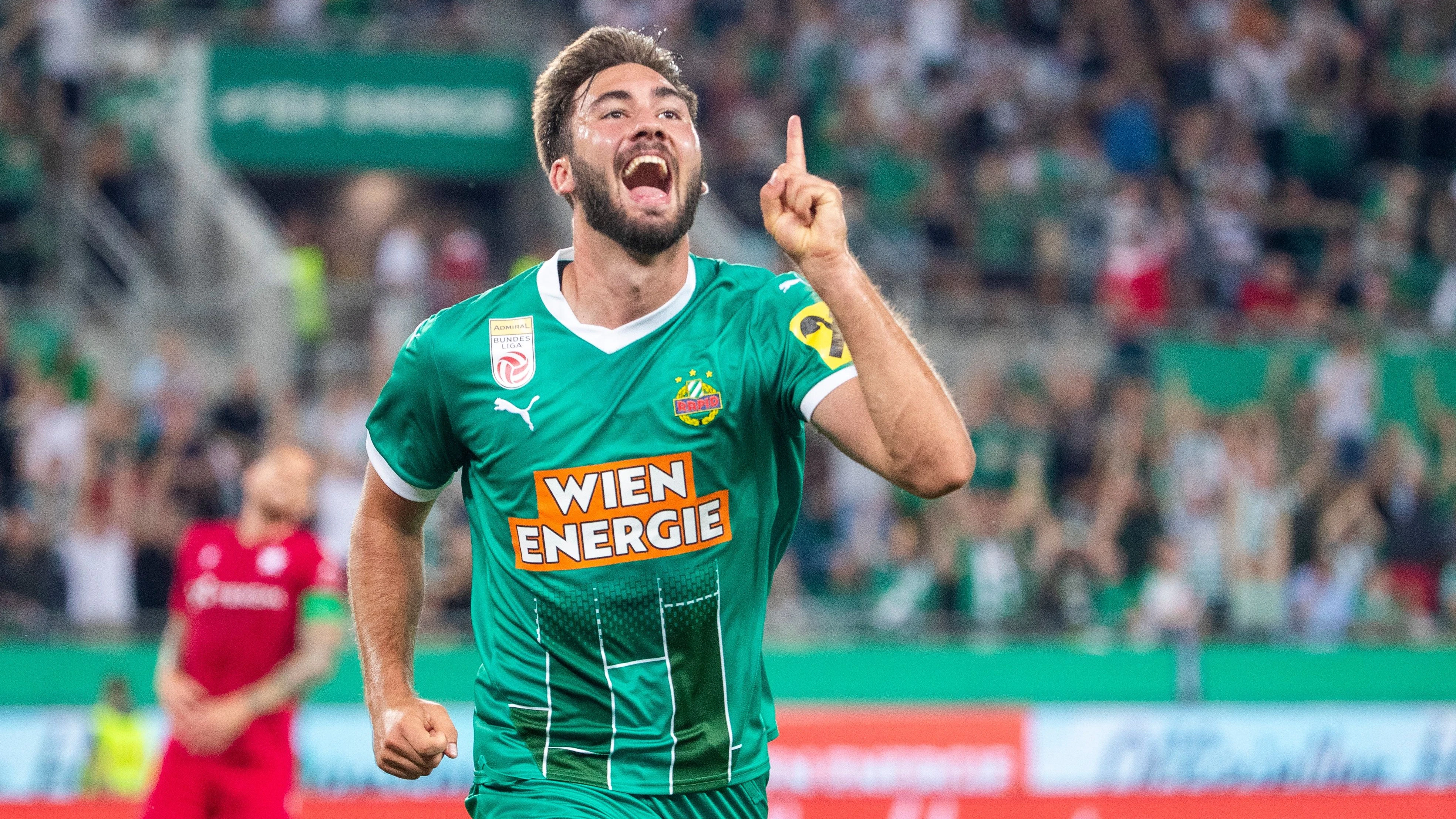 VIENNA,AUSTRIA,01.AUG.24 - SOCCER - UEFA Europa League, qualification, SK Rapid Wien vs Wisla Krakow. Image shows the rejoicing of Dion Beljo (Rapid). Photo: GEPA pictures/ Philipp Brem