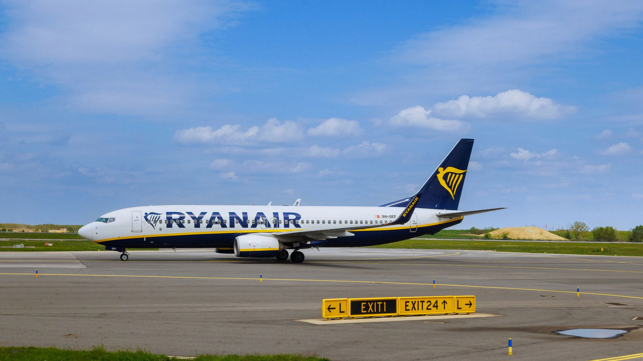 27 April 2023 Vienna Austria. An airplane carrying passengers, Ryanair aircraft, is preparing to take off from Vienna Airport, Austria VIE