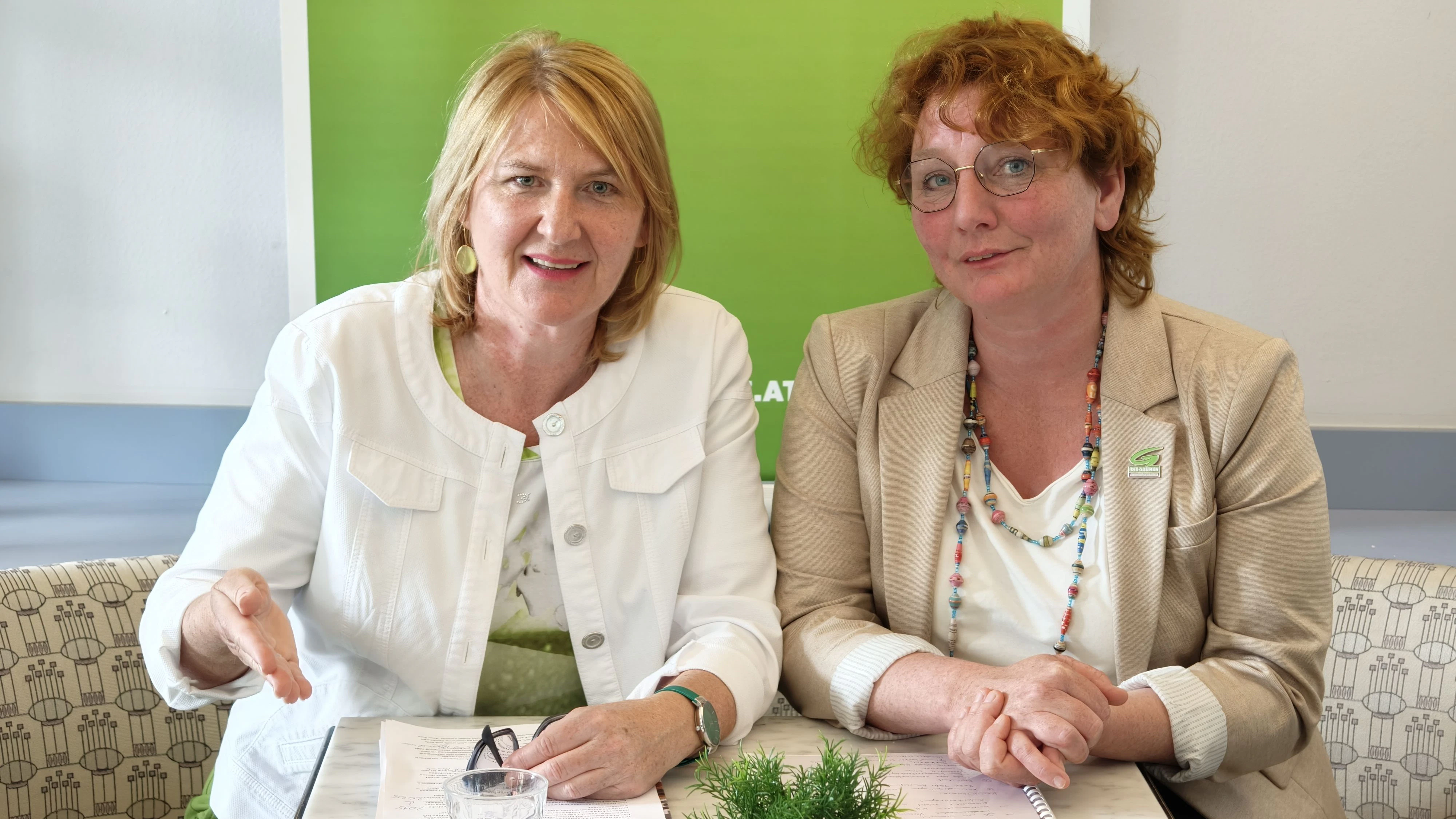 Bei der Pressekonferenz (v.l.n.r.): Helga Krismer, Landessprecherin, Fraktionsobfrau und Klubobfrau der Grünen NÖ, und Selina Prünster (Grüne), Parteiobfrau, Stadträtin und Bezirkssprecherin für Wiener Neustadt.