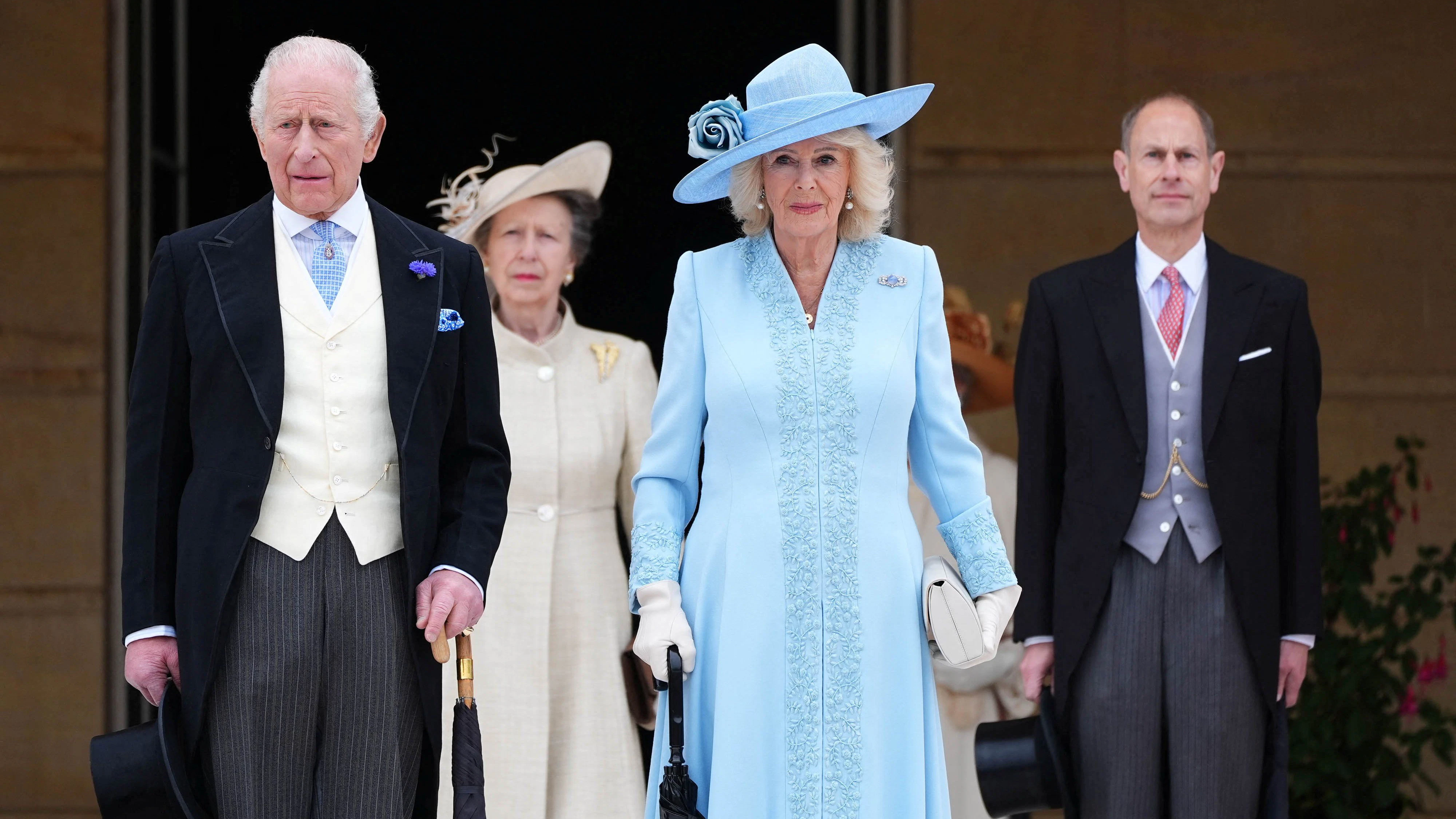 König Charles III, Prinzessin Anne, Königin Camilla und Prinz Edward vor dem Buckingham Palace, London, Britain, May 6, 2026.    Aaron Chown/Pool via REUTERS
