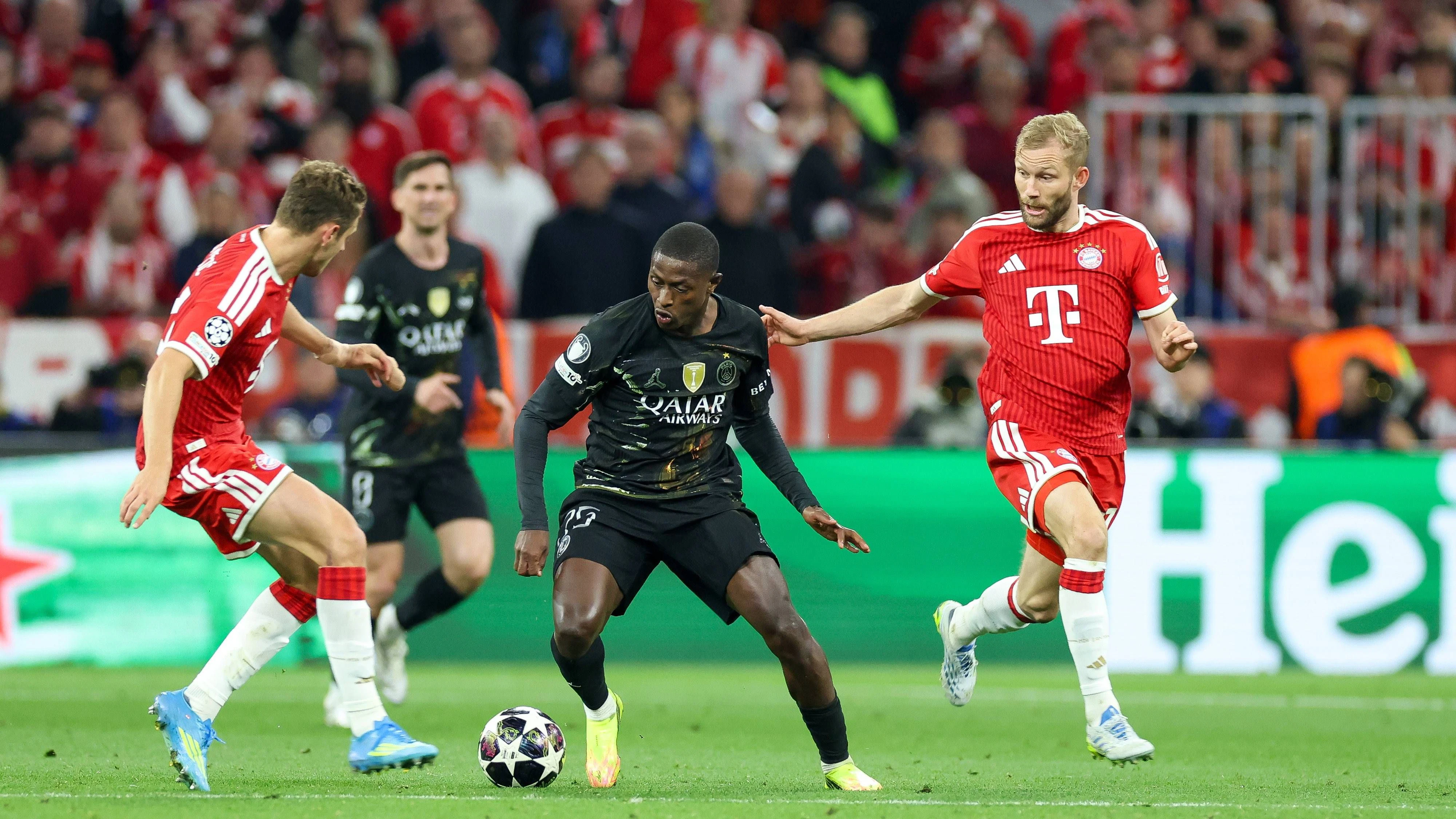 im Zweikampf, Aktion, mit Josip Stanisic 44 FC Bayern Muenchen, Nuno Mendes 25 Paris Saint-Germain, Konrad Laimer 27 FC Bayern Muenchen, FC Bayern Muenchen vs. Paris Saint-Germain, Fussball, UEFA, Champions League, Halbfinale, Rueckspiel, 06.05.2026 Muenchen Bayern Deutschland *** in duel, action, with Josip Stanisic 44 FC Bayern Muenchen , Nuno Mendes 25 Paris Saint Germain , Konrad Laimer 27 FC Bayern Muenchen , FC Bayern Muenchen vs Paris Saint Germain, football, UEFA, Champions League, semi-final, second leg, 06 05 2026 Muenchen Bayern Germany Copyright: xkolbert-press/ChristianxKolbertx
