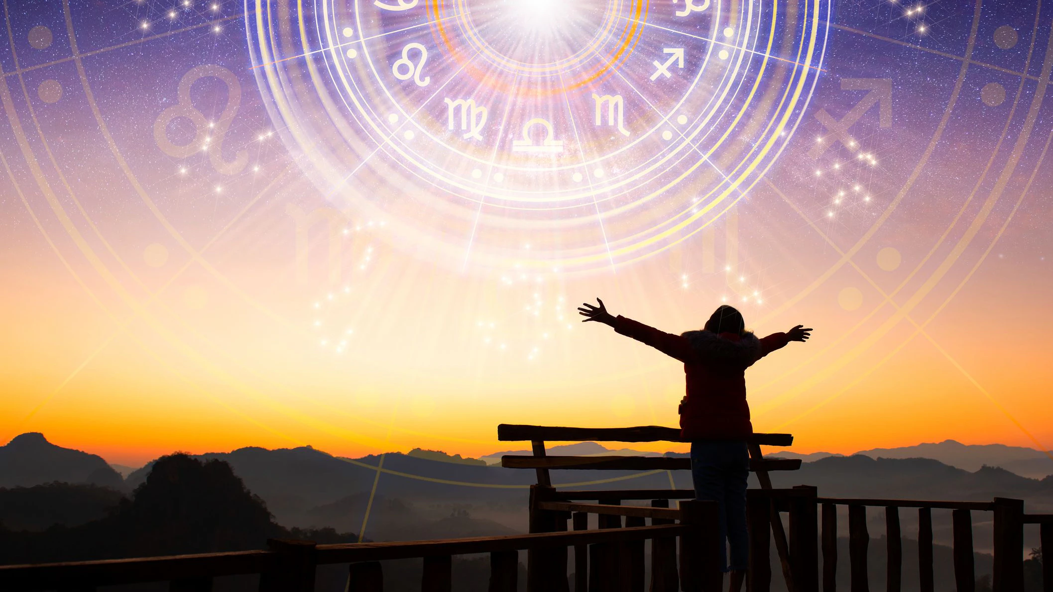 Woman raising hands looking at the sky. Astrological wheel projection, choose a zodiac sign. Trust horoscope future predictions, consulting stars. Power of universe, astrology esoteric concept.