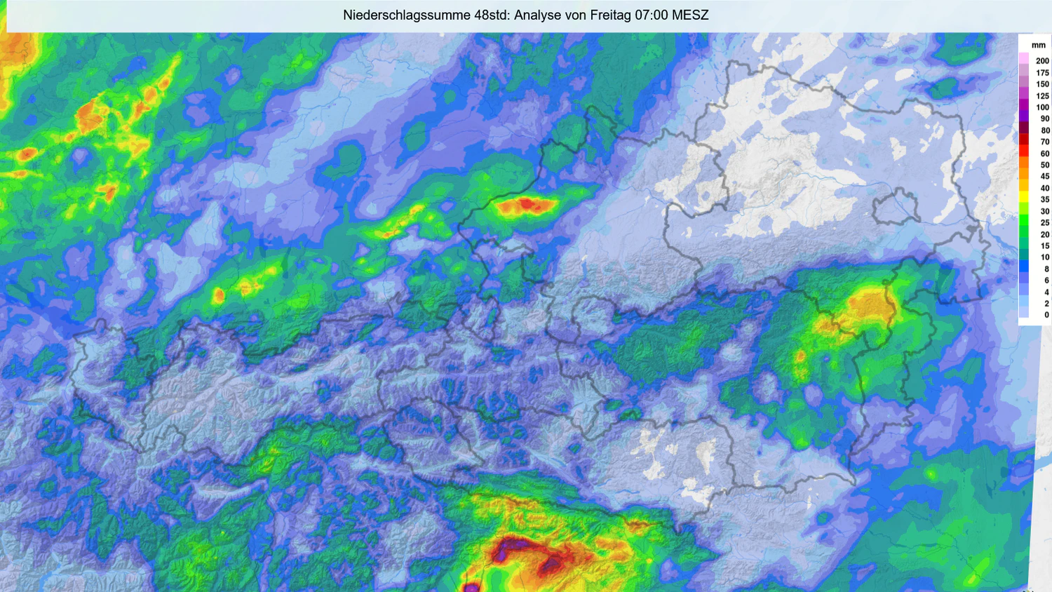 Regenmengen in Österreich von Mittwoch und Donnerstag. Signifikante Niederschläge verzeichnete lediglich das Innviertel sowie das Wechselgebiet und das Mürztal.
