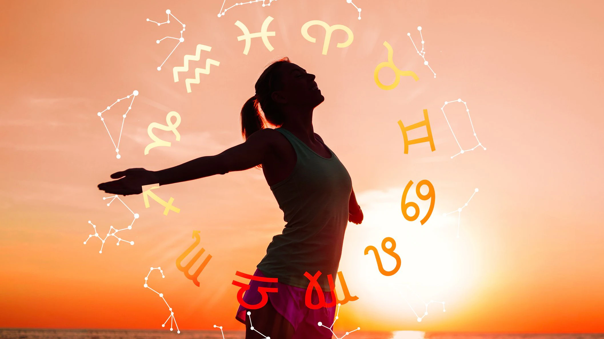 Concept of astrology and horoscope, person inside a zodiac sign wheel
