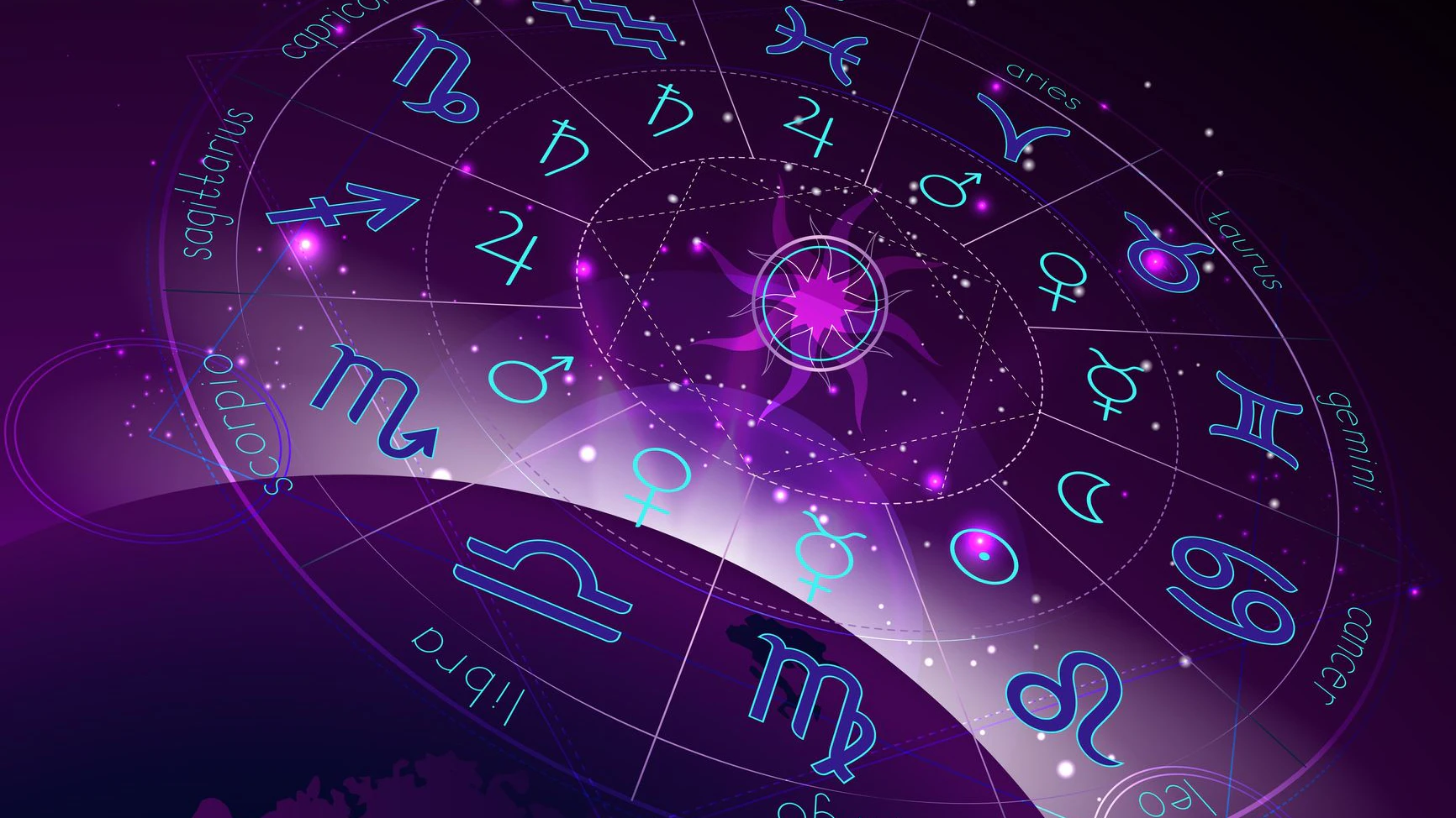 Vector illustration of Horoscope circle in perspective, Zodiac signs and pictograms astrology planets against the space background with sunrise and geometry pattern. In blue and purple colors.
