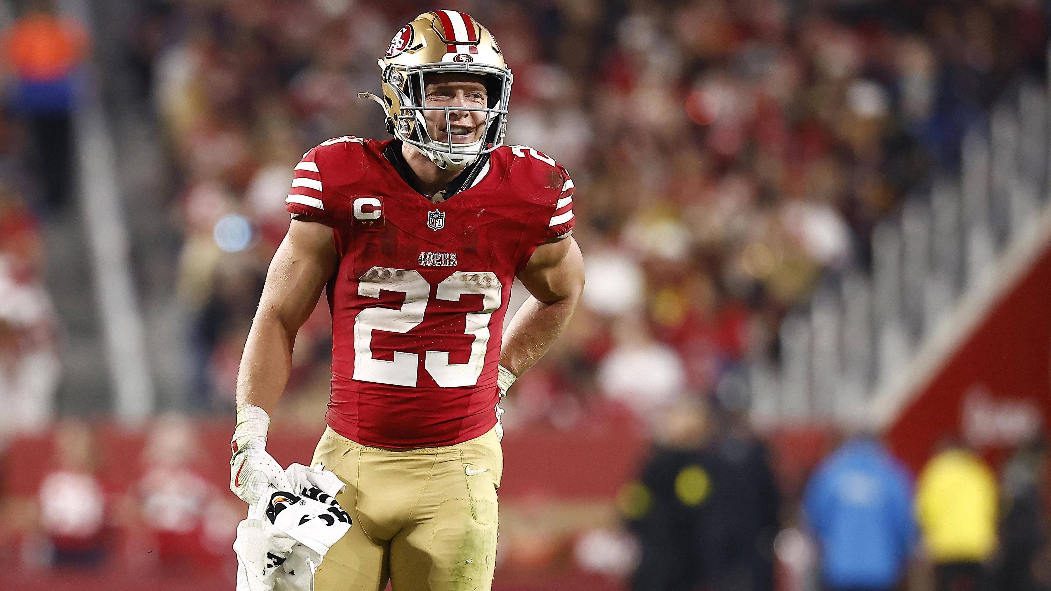Nov 24, 2025; Santa Clara, California, USA; San Francisco 49ers running back Christian McCaffrey (23) reacts against the Carolina Panthers during the second half at Levi's Stadium. Mandatory Credit: Kelley L Cox-Imagn Images