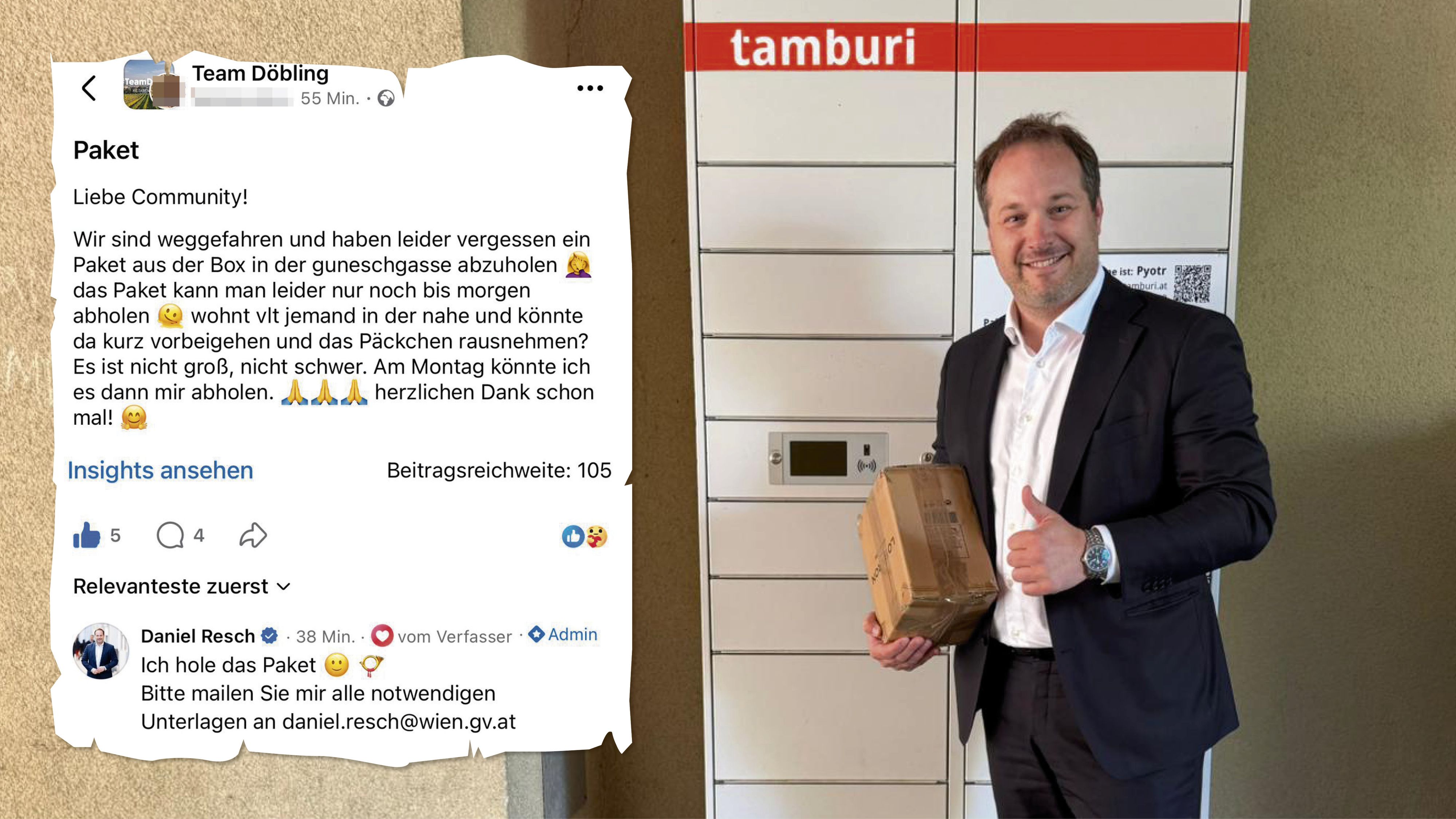 Bezirksvorsteher Daniel Resch (ÖVP) holte das Paket für die urlaubende Döblingerin ab.
