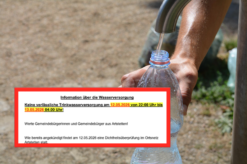 In der Nacht auf Mittwoch, den 13. Mai, wird in Artstetten das Leitungswasser abgedreht.
