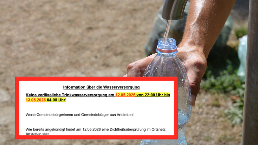 In der Nacht auf Mittwoch, den 13. Mai, wird in Artstetten das Leitungswasser abgedreht.