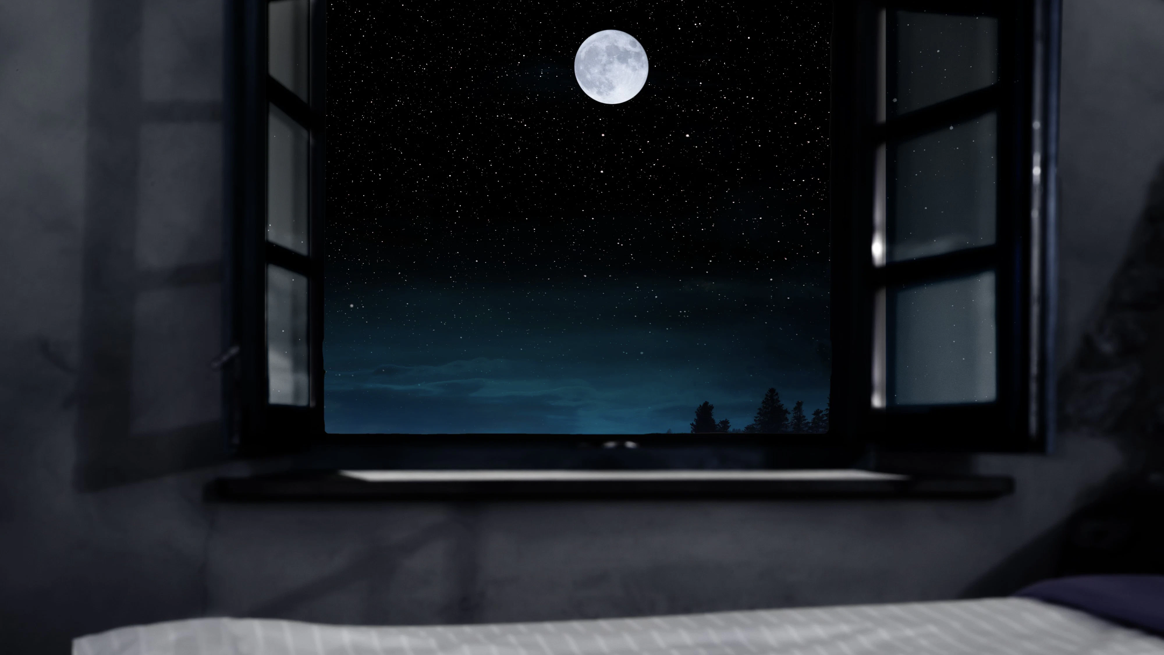 Open window with view to starry sky with full moon