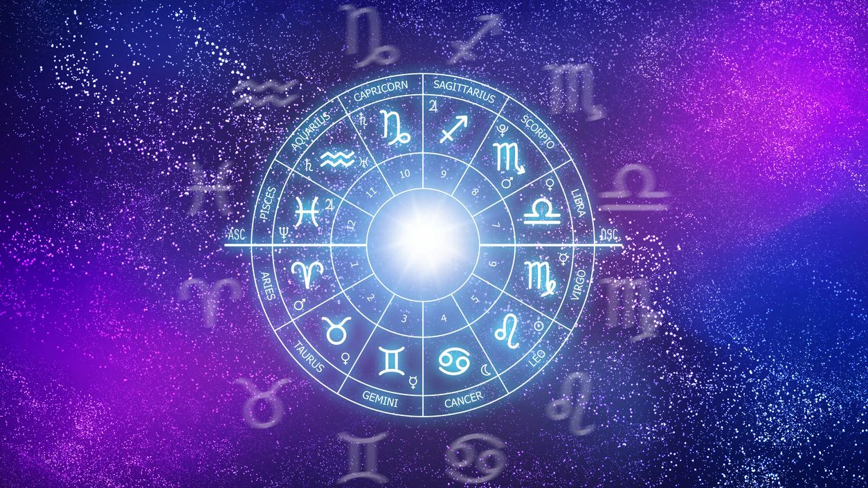 Zodiac circle on the background of the cosmos. Astrology. The science of stars and planets. Esoteric knowledge. Ruler planets. Twelve signs of the zodiac