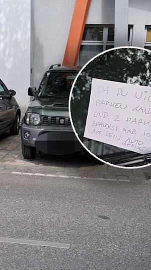 Parkplatz-Ärger in Wien: Ein Wiener reagiert mit drastischer Botschaft auf schlechtes Parken. Skurrile Szene sorgt für Gesprächsstoff.