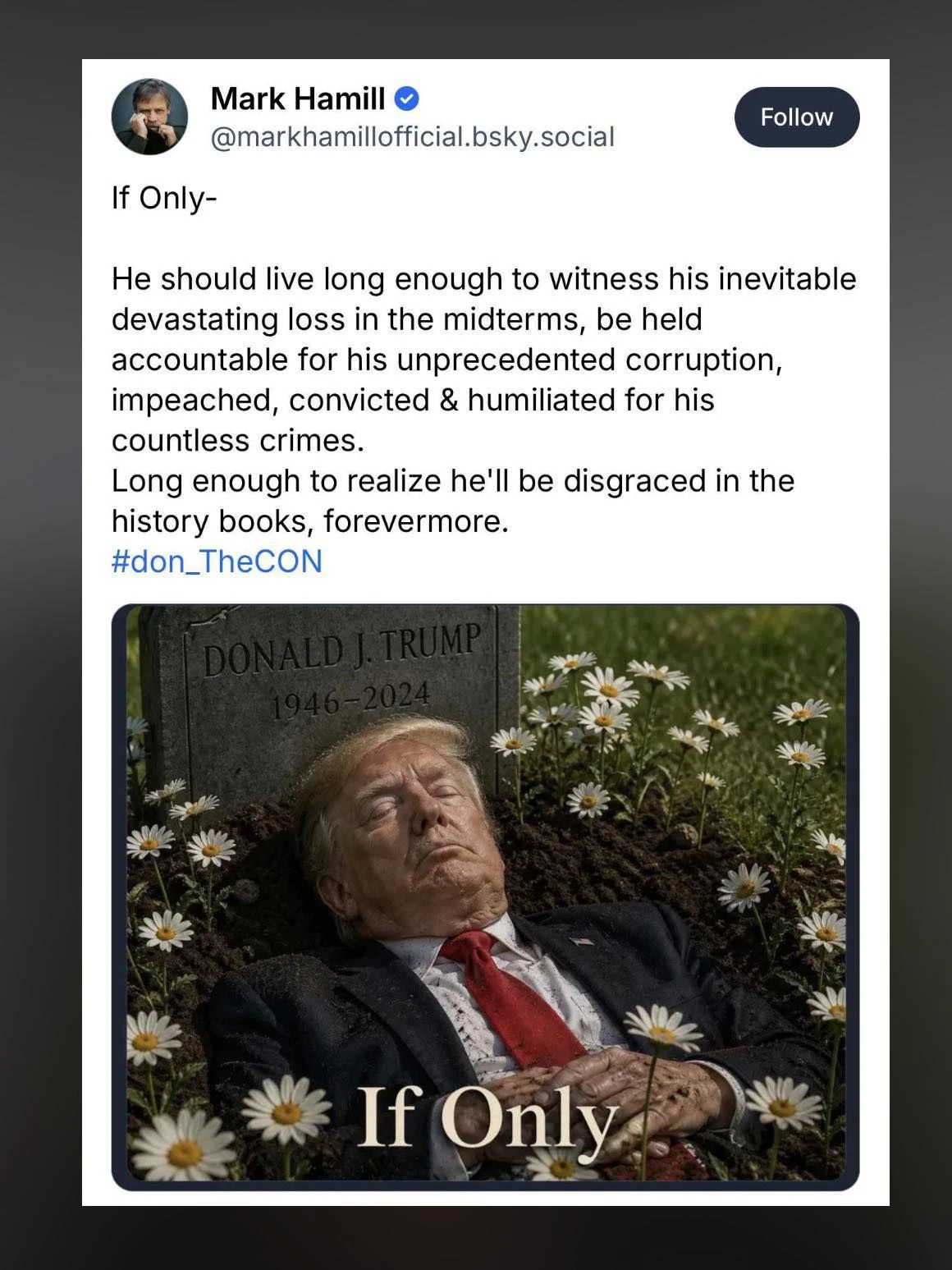 Dieses Bild eines im Grab liegenden Donald Trump postete Mark Hamill am vergangenen Mittwoch.