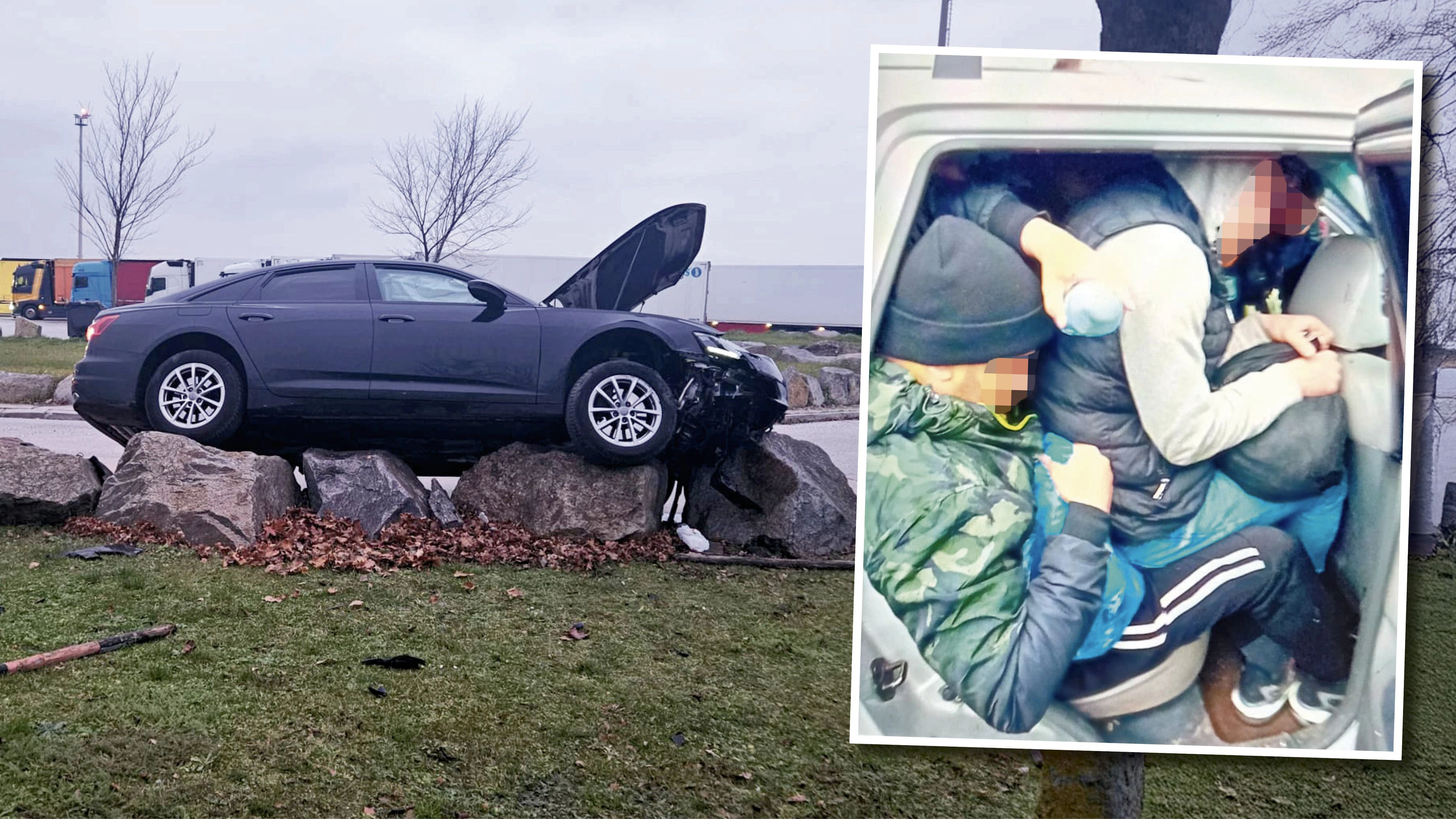 Dezember 2024: Unfall mit Audi im PKZ Nickelsdorf (l.); eingepferchte Flüchtlinge in einem Schlepperauto – gestoppt von der Einheit „Fox“ (r.). 
