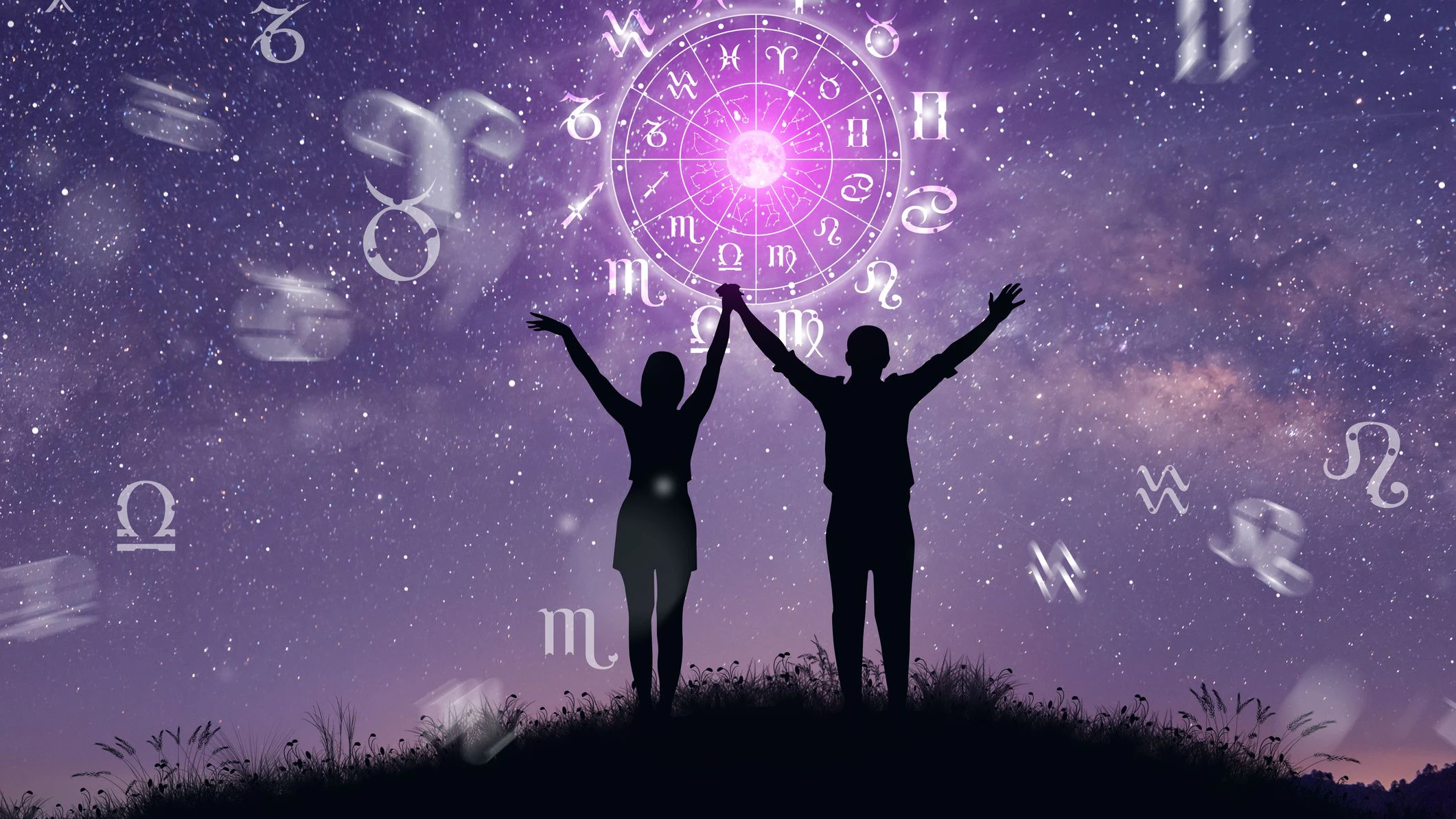 Astrological zodiac signs inside of horoscope circle. Couple singing and dancing over the zodiac wheel and milky way background. The power of the universe concept.
