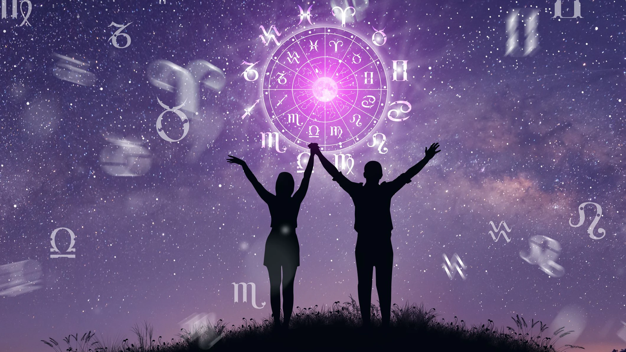 Astrological zodiac signs inside of horoscope circle. Couple singing and dancing over the zodiac wheel and milky way background. The power of the universe concept.