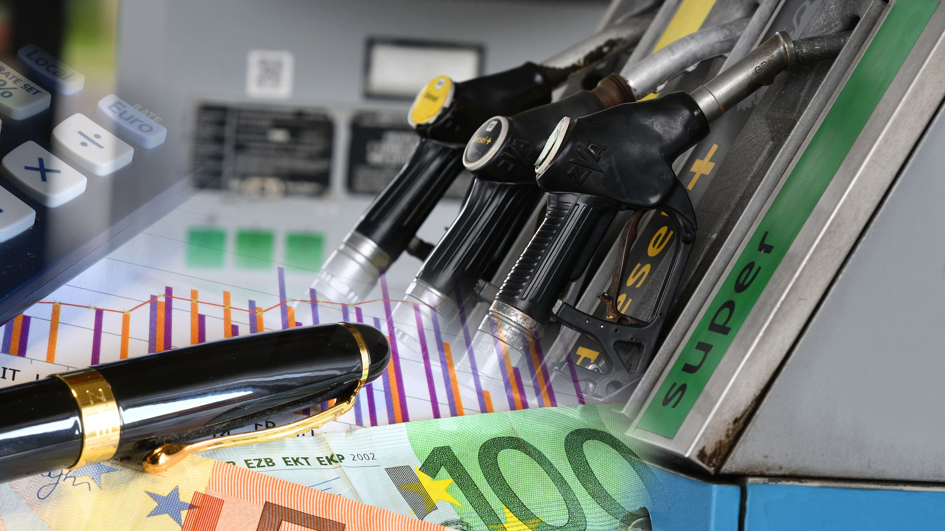 Gas stations and Euro banknotes. Concept for the rise in gasoline and diesel prices due to the war between the US and Iran.