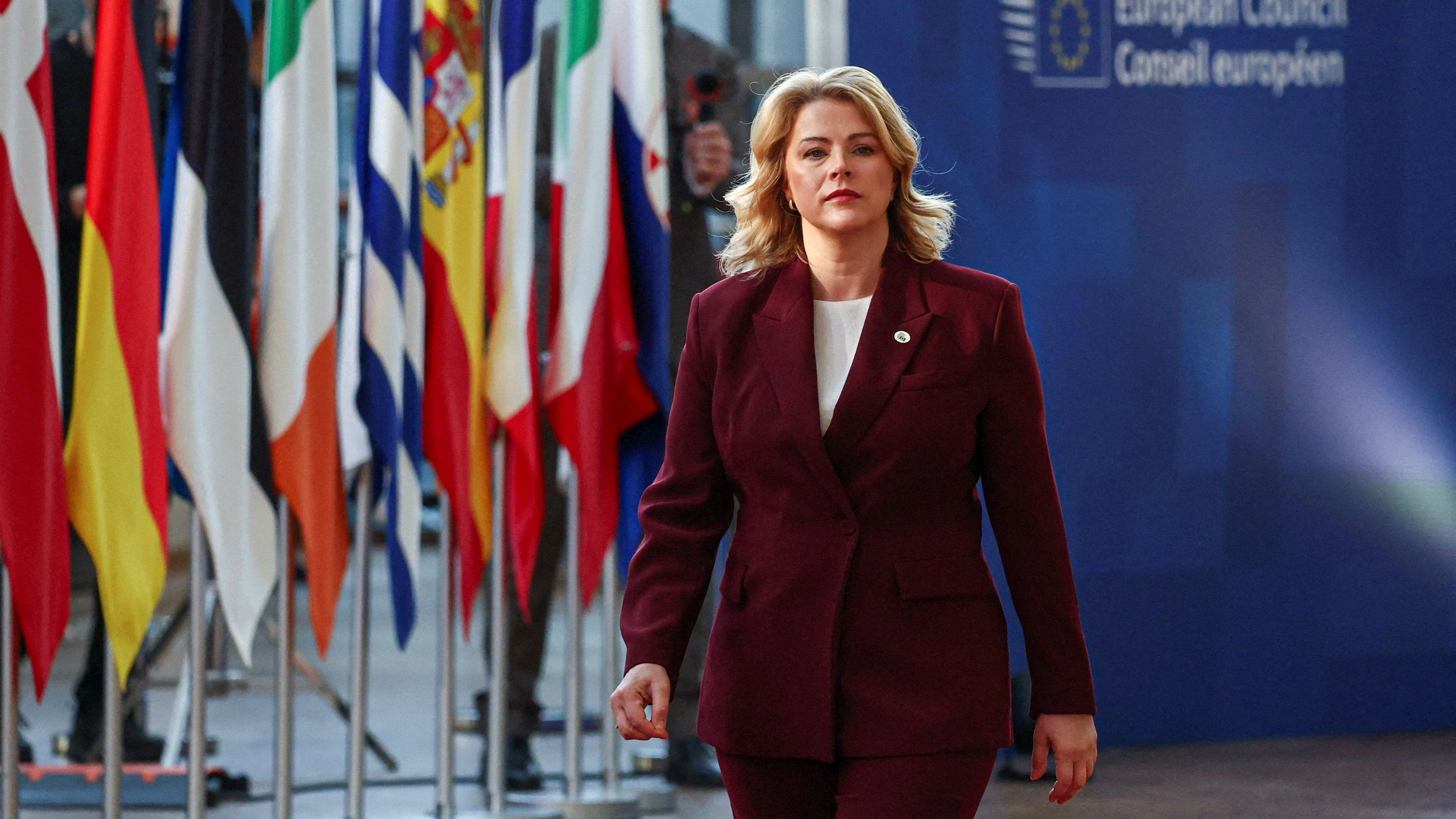 FILE PHOTO: Latvian Prime Minister Evika Silina arrives for a European Union leaders' summit in Brussels, Belgium, March 19, 2026. REUTERS/Yves Herman/File Photo