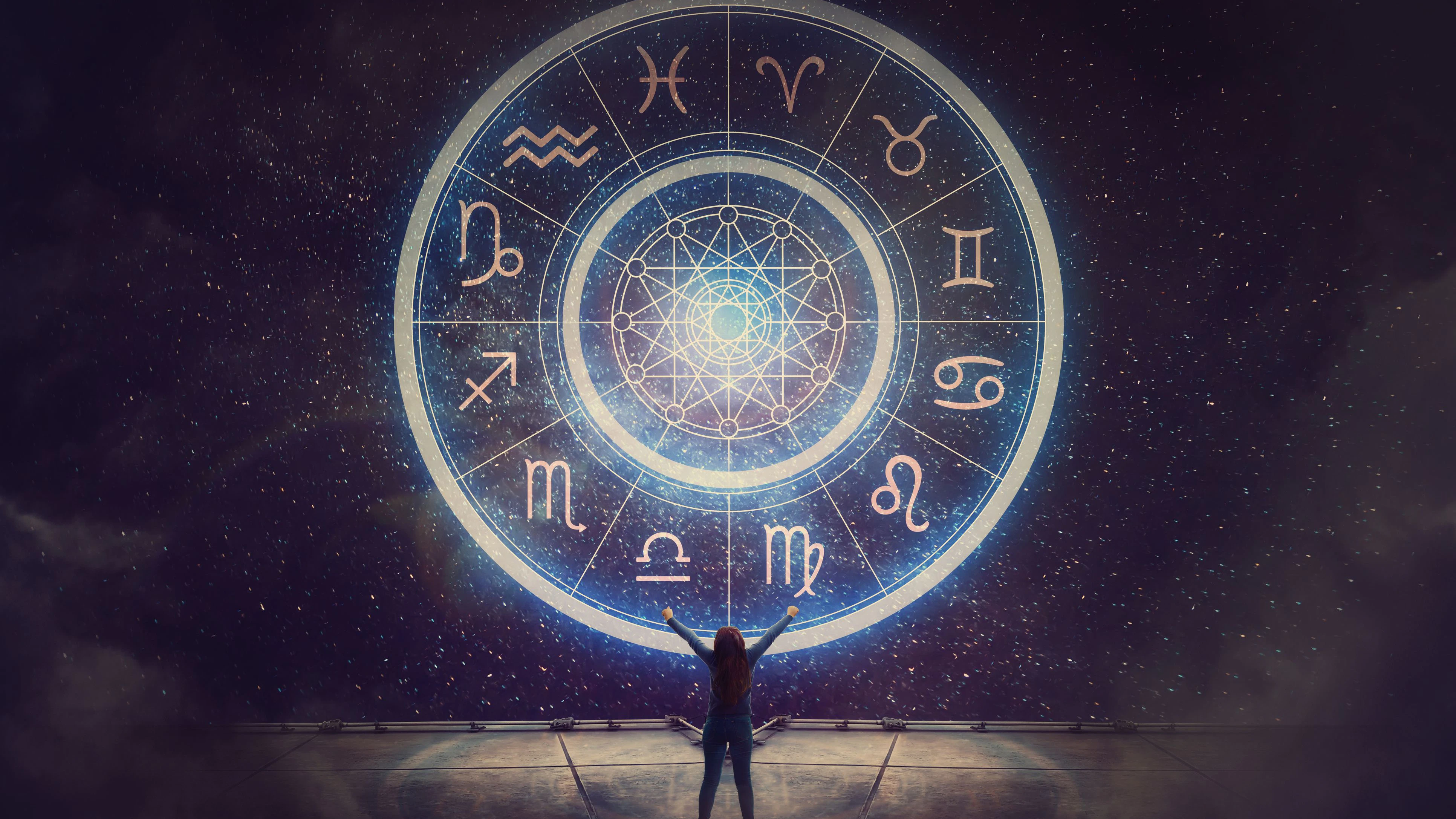 Woman raising hands looking at the night sky. Astrological wheel projection, choose a zodiac sign. Trust horoscope future predictions, consulting stars. Power of universe, astrology esoteric concept.
