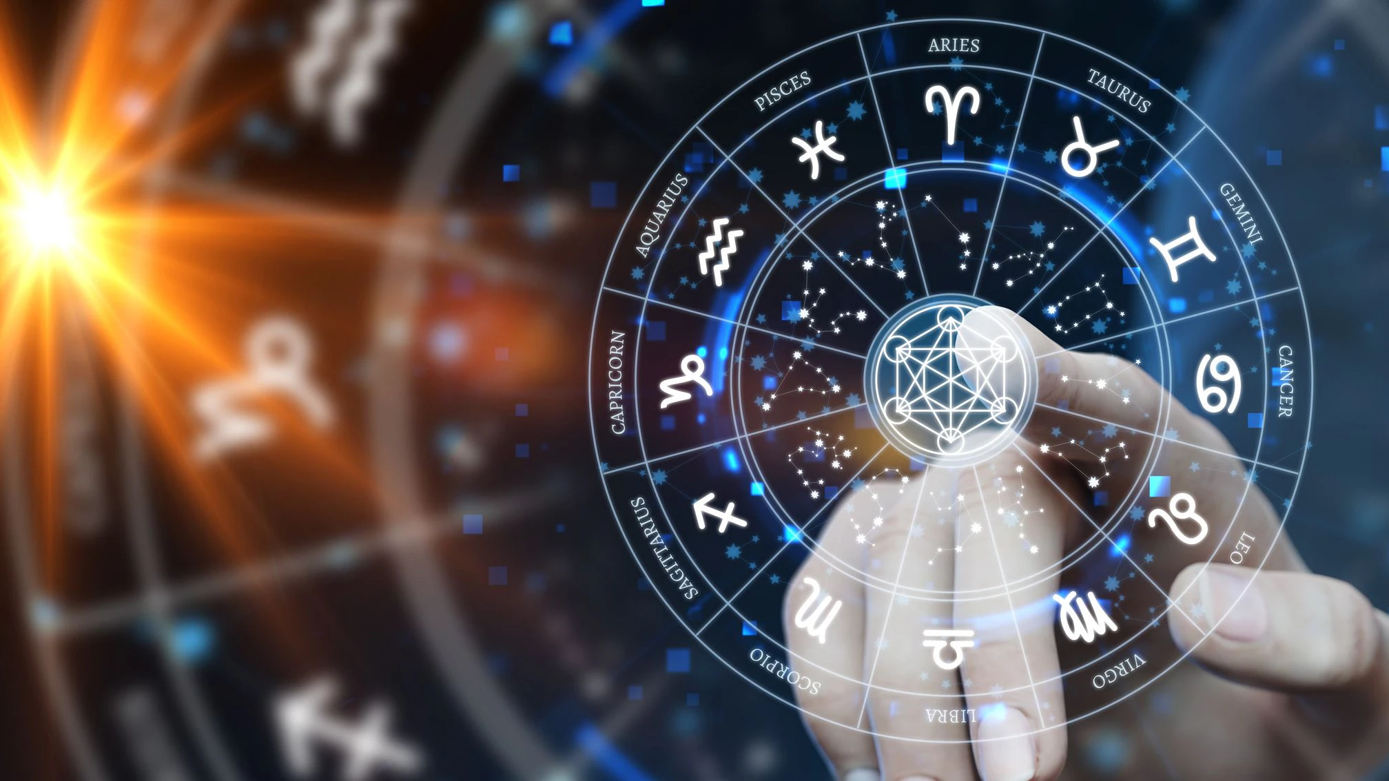 Astrological zodiac signs inside of horoscope circle. Astrology, knowledge of stars in the sky over the milky way and moon. The power of the universe concept. 3d illustration