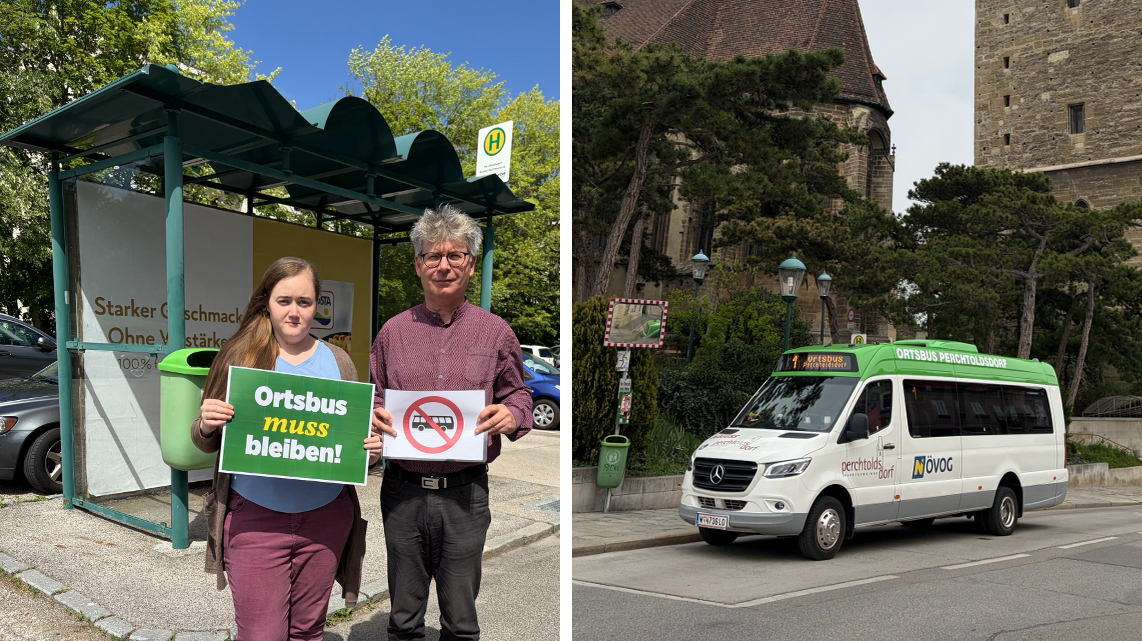Umweltgemeinderätin Claudia Wolfert und Fraktionsobmann Andreas Koller-Garber bei der Haltestelle in der Aspettensiedlung. Hier fährt bald kein Ortsbus mehr.