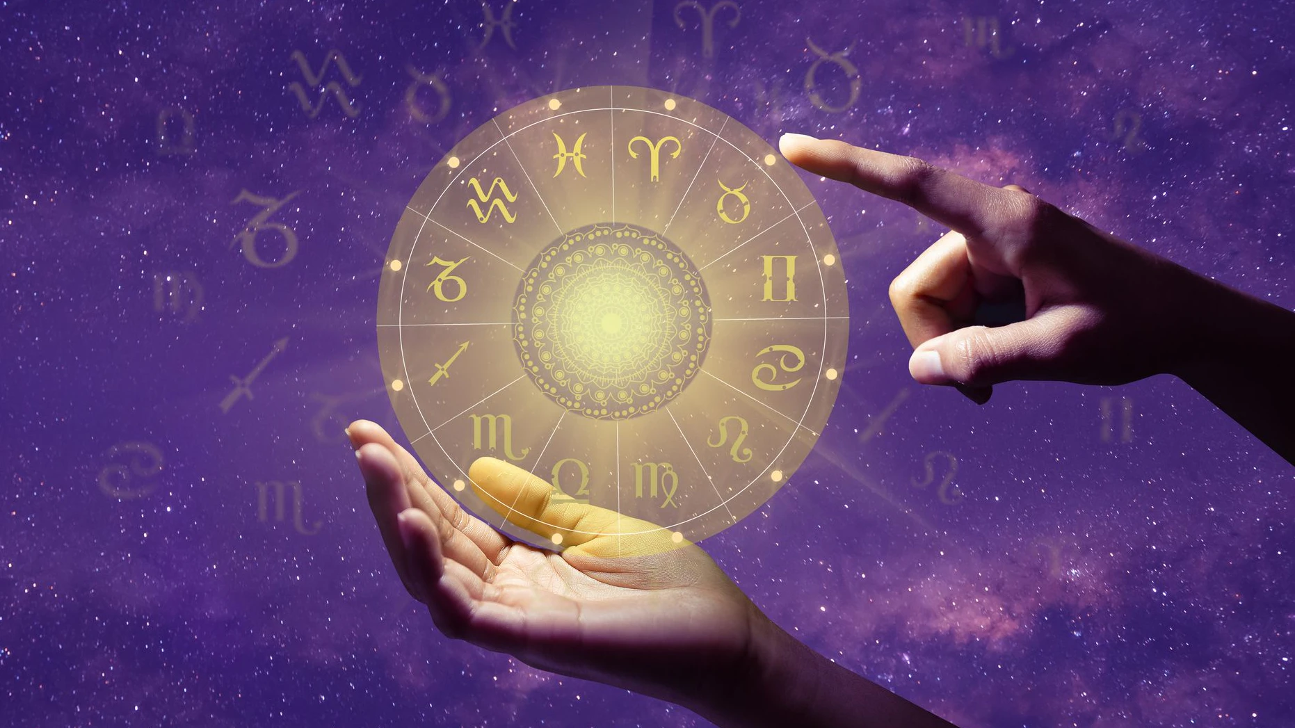 Astrological zodiac signs inside of golden horoscope circle. Astrology, knowledge of stars in the sky over the milky way. The power of the universe concept. Copy space.