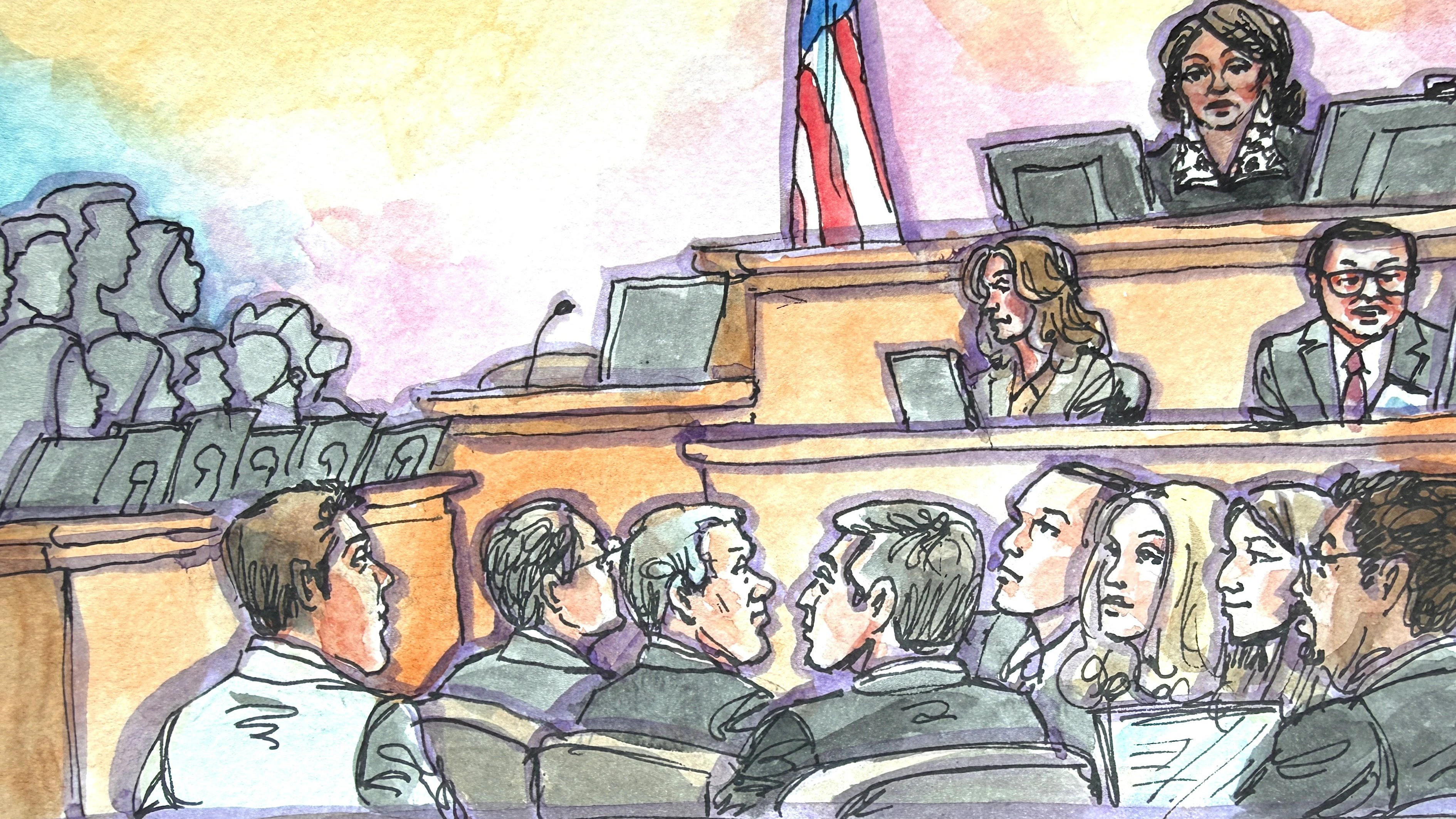 Designated courtroom deputy Edwin Cuenco reads the verdict before U.S. District Judge Yvonne Gonzalez Rogers at Elon Musk's lawsuit trial over OpenAI's for-profit conversion at a federal courthouse in Oakland, California, U.S., May 18, 2026 in a courtroom sketch.  REUTERS/Vicki Behringer.  NO RESALES. NO ARCHIVES   