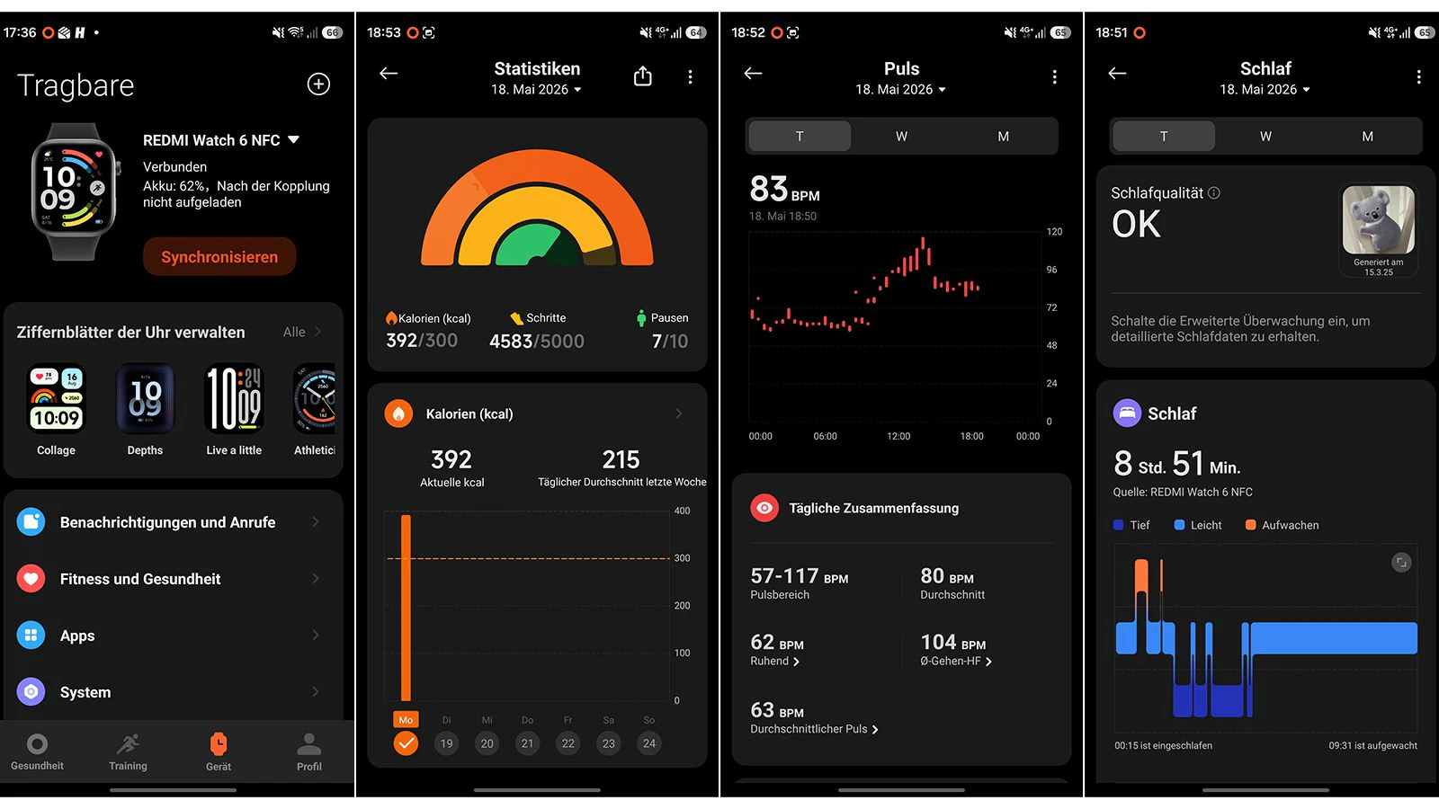 Blick in die App: Die Funktionen der Redmi Watch 6 NFC sind übersichtlich, das macht sie für Anfänger interessant.