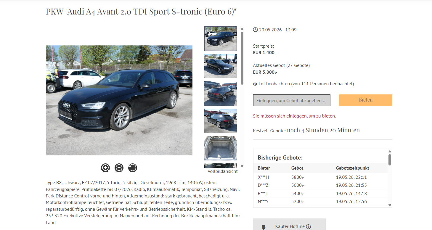 Am Mittwoch lag das Höchstgebot für den Raser-Pkw bei 5.800 Euro.