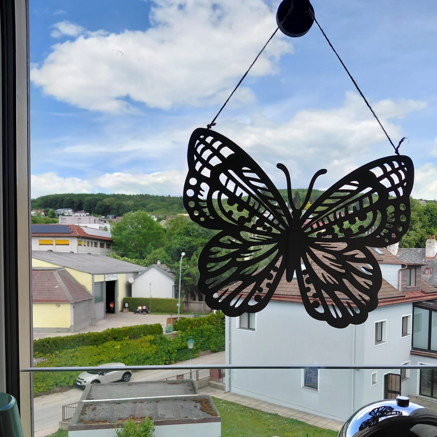 Der Blick aus dem Fenster - ein Schmetterling ziert die Aussicht ins Grüne.