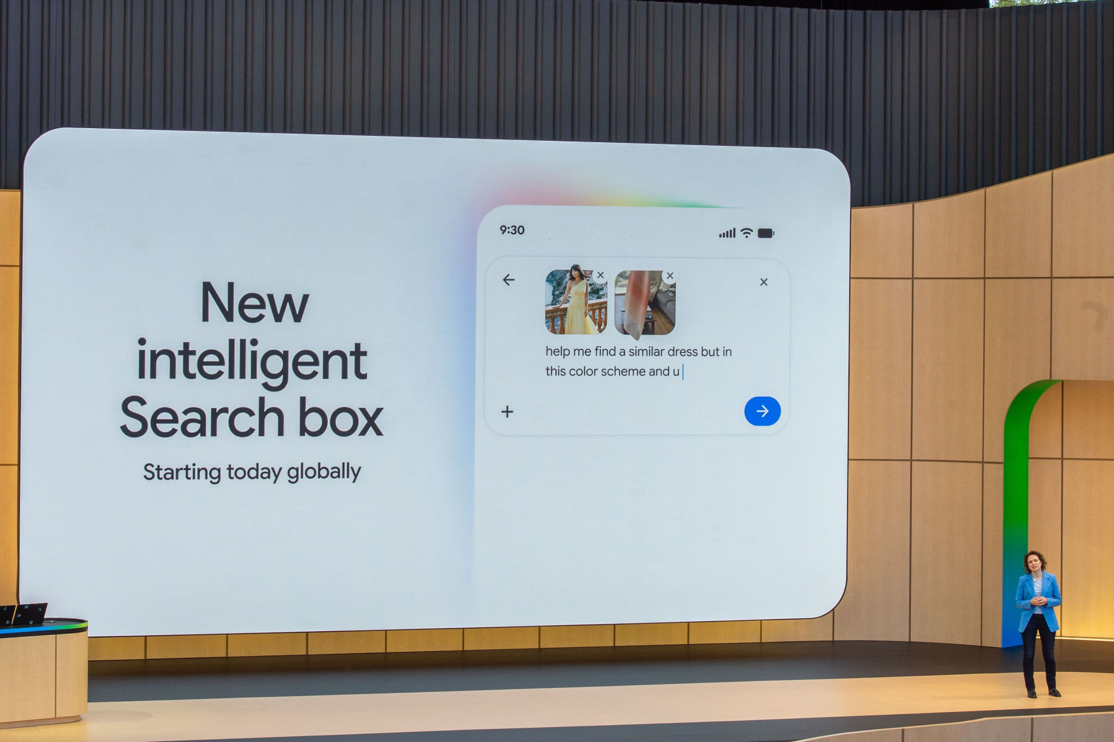 Liz Reid, verantwortlich für die Suchmaschinen bei Google, präsentiert eine neue KI-Benutzeroberfläche bei der Entwicklerkonferenz im Mai 2026