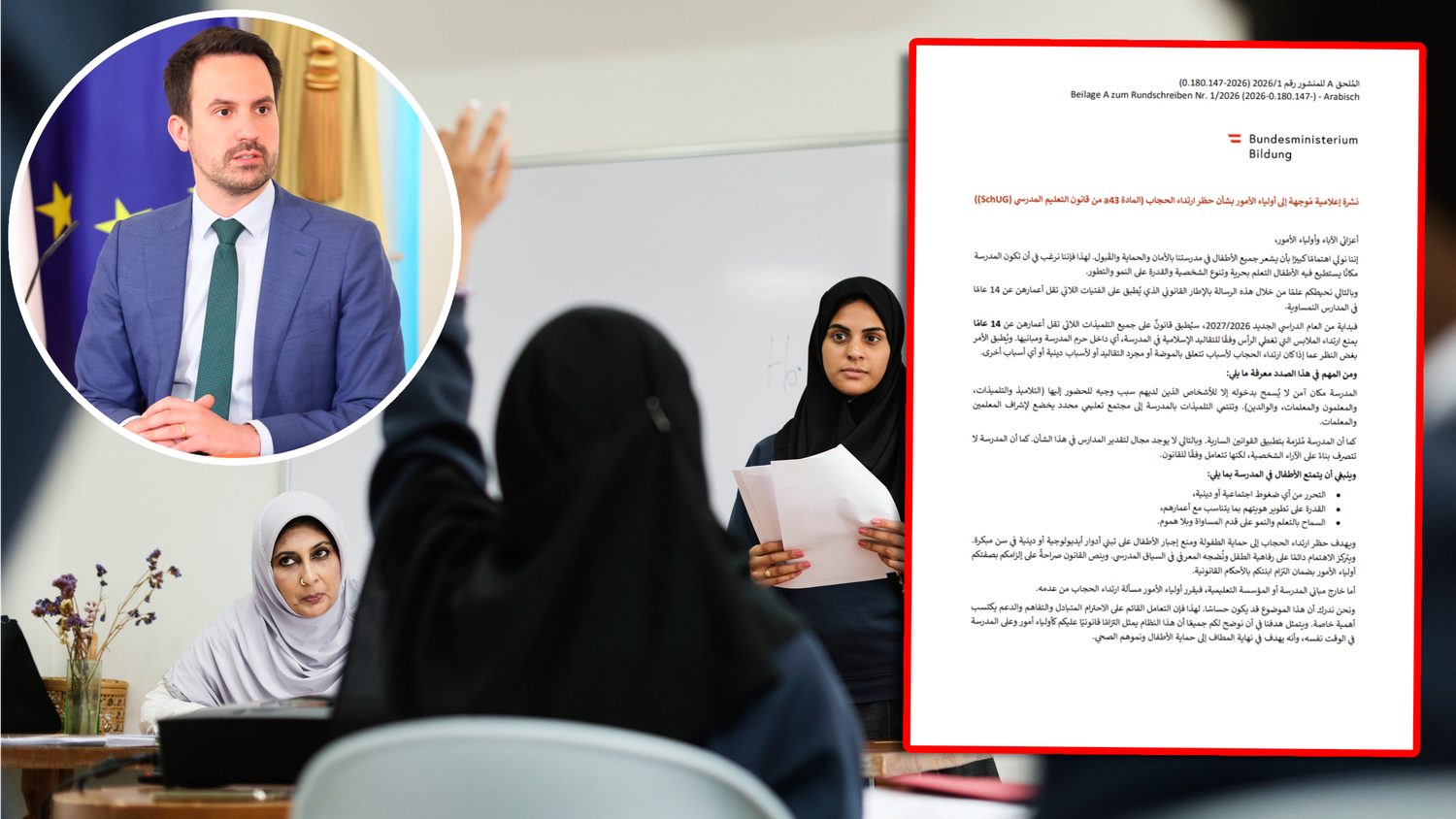 Das Informationsschreiben des Bildungsministeriums zum Kopftuchverbot wurde in elf Sprachen verfasst – darunter Arabisch, Somali oder Türkisch.