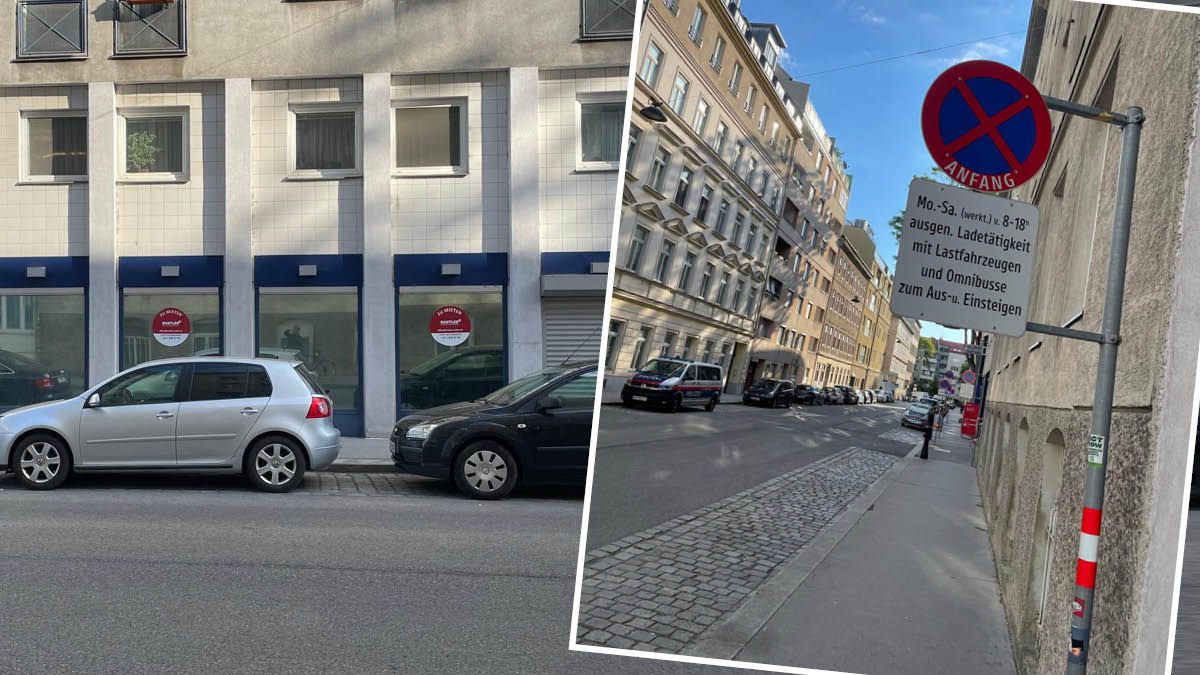 Parkverbot, obwohl die Zone seit Jahren nicht genutzt wird. Im Hintergrund: das verwaiste Geschäft.