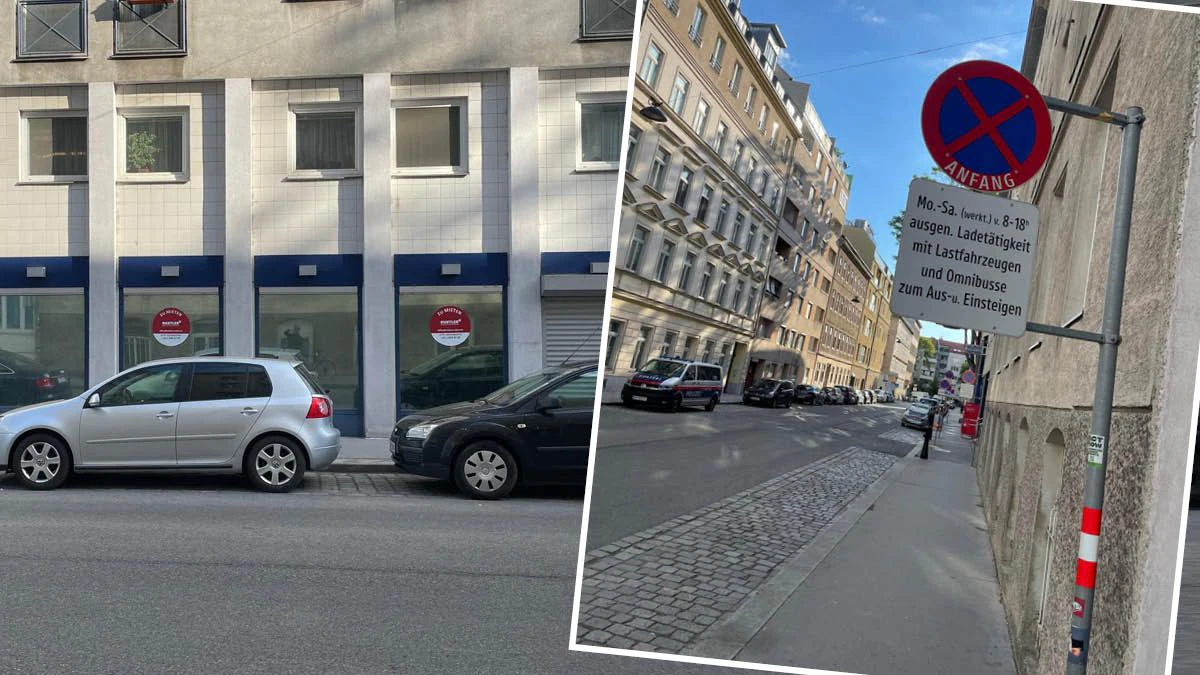Parkverbot, obwohl die Zone seit Jahren nicht genutzt wird. Im Hintergrund: das verwaiste Geschäft.
