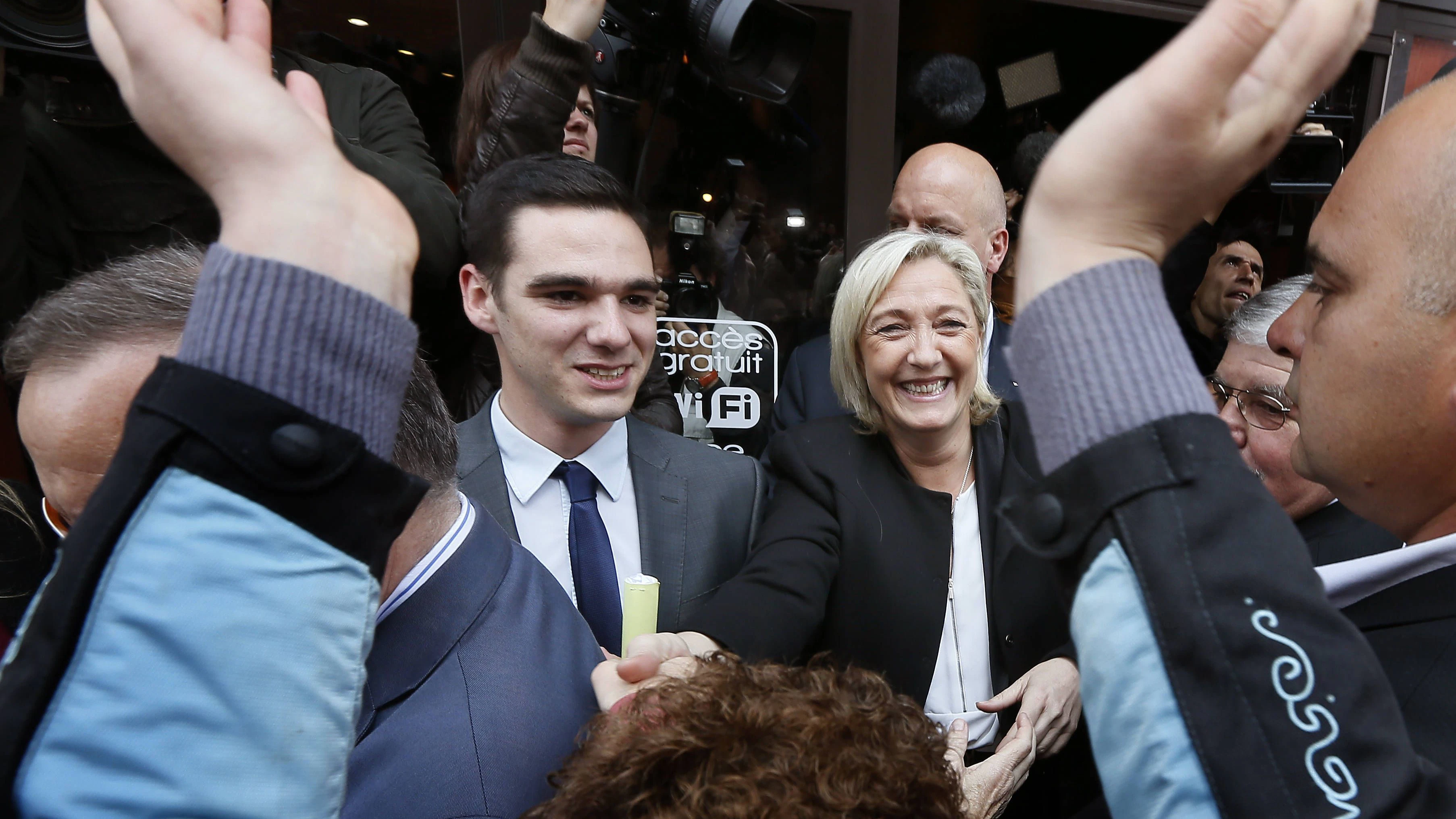 Marine Le Pen Campaigns In Villeneuve-sur-Lot French far-right Front National FN party president Marine Le Pen meets local residents in Villeneuve-sur-Lot, southwestern France on May 5, 2013. Le Pen came to support 23-year-old FN candidate Etienne Bousquet-Cassagne in his campaign for the upcoming legislative by-election to be held in June 2013 in the third constituency of Lot-et-Garonne after the resignation of socialist MP and former Budget Minister Jerome Cahuzac. According to today s French weekly Journal du Dimanche, Cahuzac, who is also the mayor of Villeneuve-sur-Lot, could run as an independent candidate in the by-election. Photo by Patrick Bernard/ABACAPRESS.COM Villeneuve-sur-Lot France PUBLICATIONxNOTxINxFRAxESPxUKxUSAxBELxPOL Copyright: xBernardxPatrick/ABACAx 363266_056 BernardxPatrick/ABACAx 363266_056