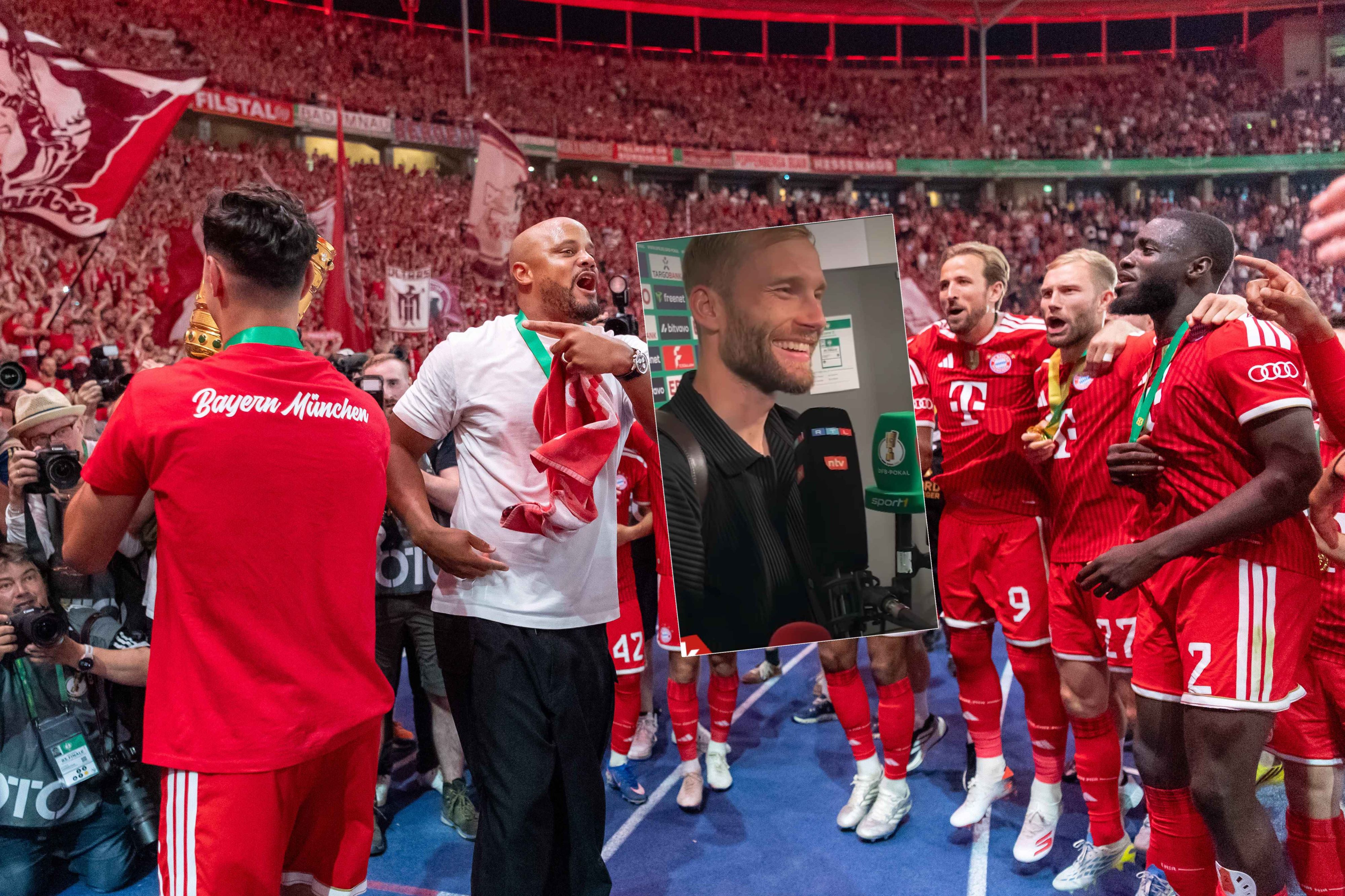 Laimer feiert den Gewinn des DFB-Pokals und lacht im Interview über Fragen zu seinen Gehaltswünschen.