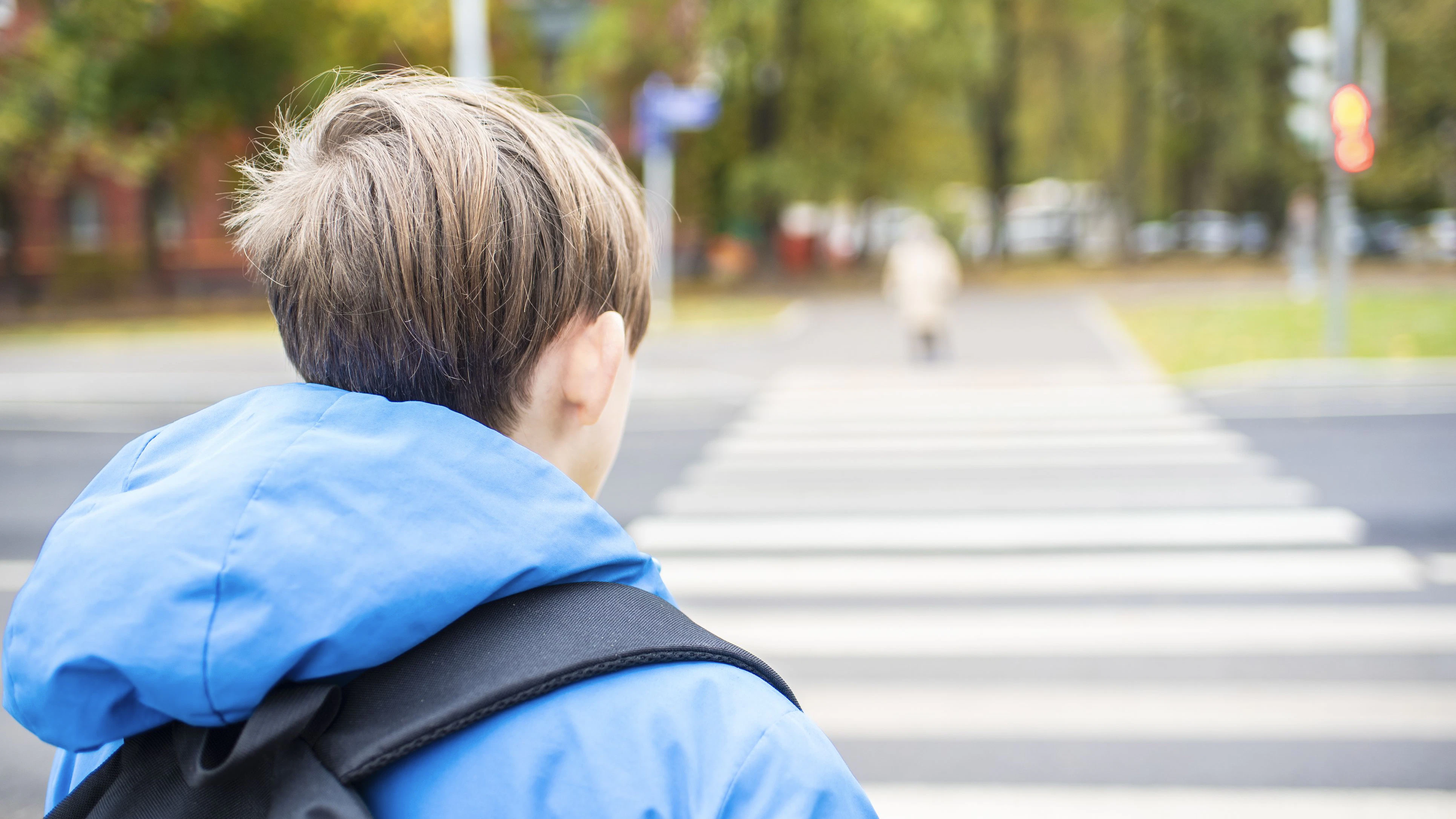 A 12 year old schoolboy in a blue jacket, with a backpack, stands in front of a zebra crossing, a pedestrian crossing, waiting for the green light of a traffic light.